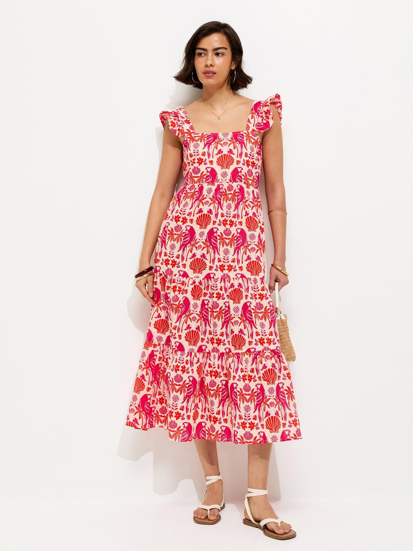 New Look Parrot Patterned Ruffle Strap Midi Dress - Pink