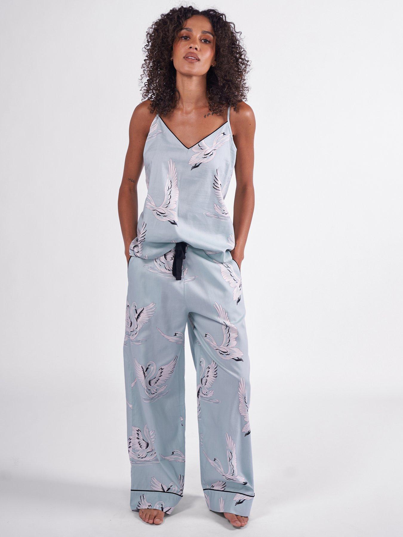 Cyberjammies Grace Mint Green Swan Print Cami  &  Wide Leg Pyjama Bottoms