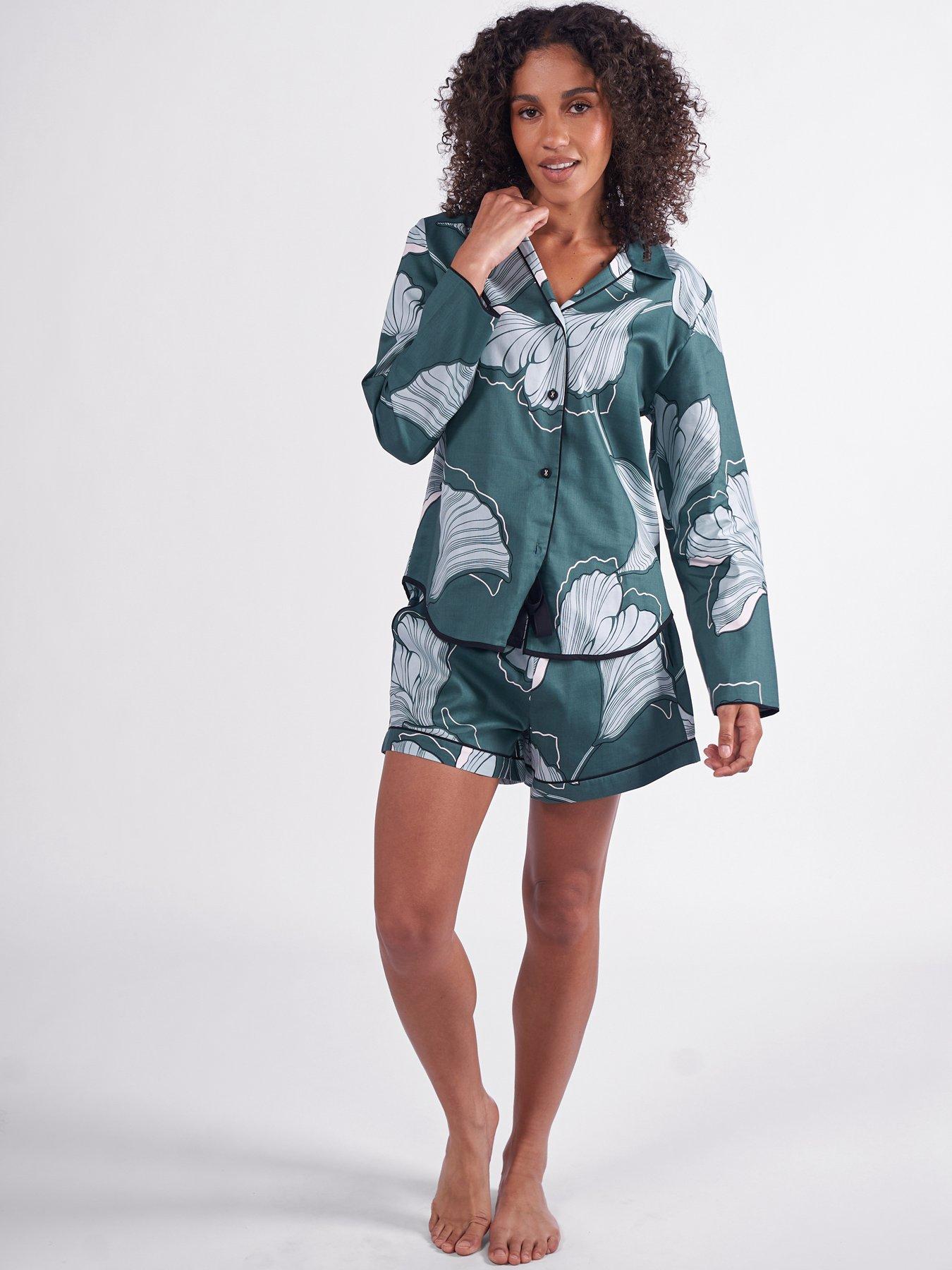 Cyberjammies Grace Green Floral Print L/Slv Pyjama Top  &  Shorts Set
