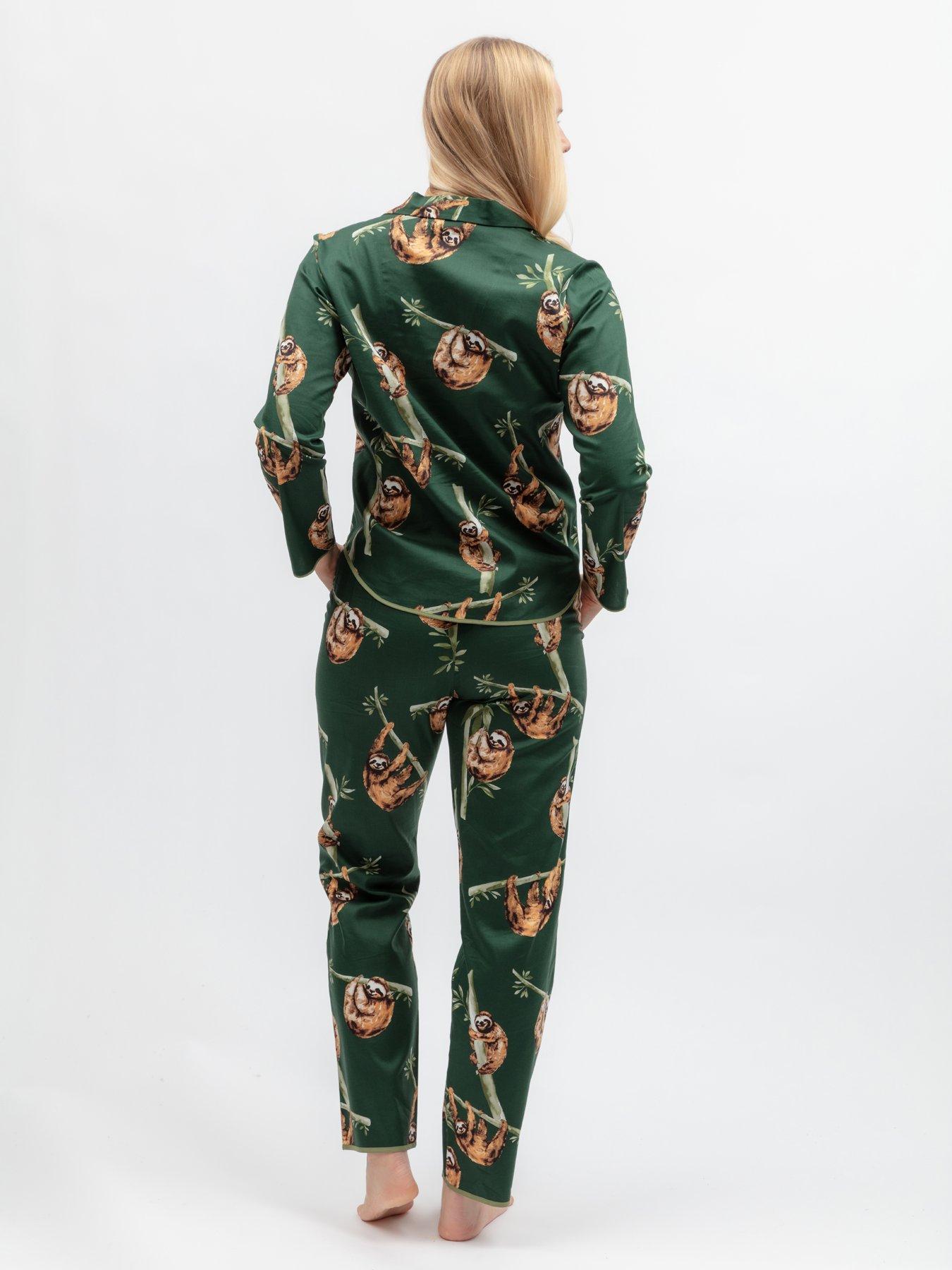 Image 2 of 6 of Cyberjammies Ember Dark Green Sloth Print Longsleeve Pyjama Set