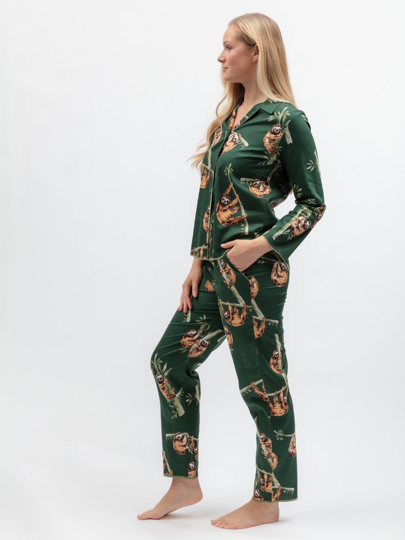 Image 3 of 6 of Cyberjammies Ember Dark Green Sloth Print Longsleeve Pyjama Set