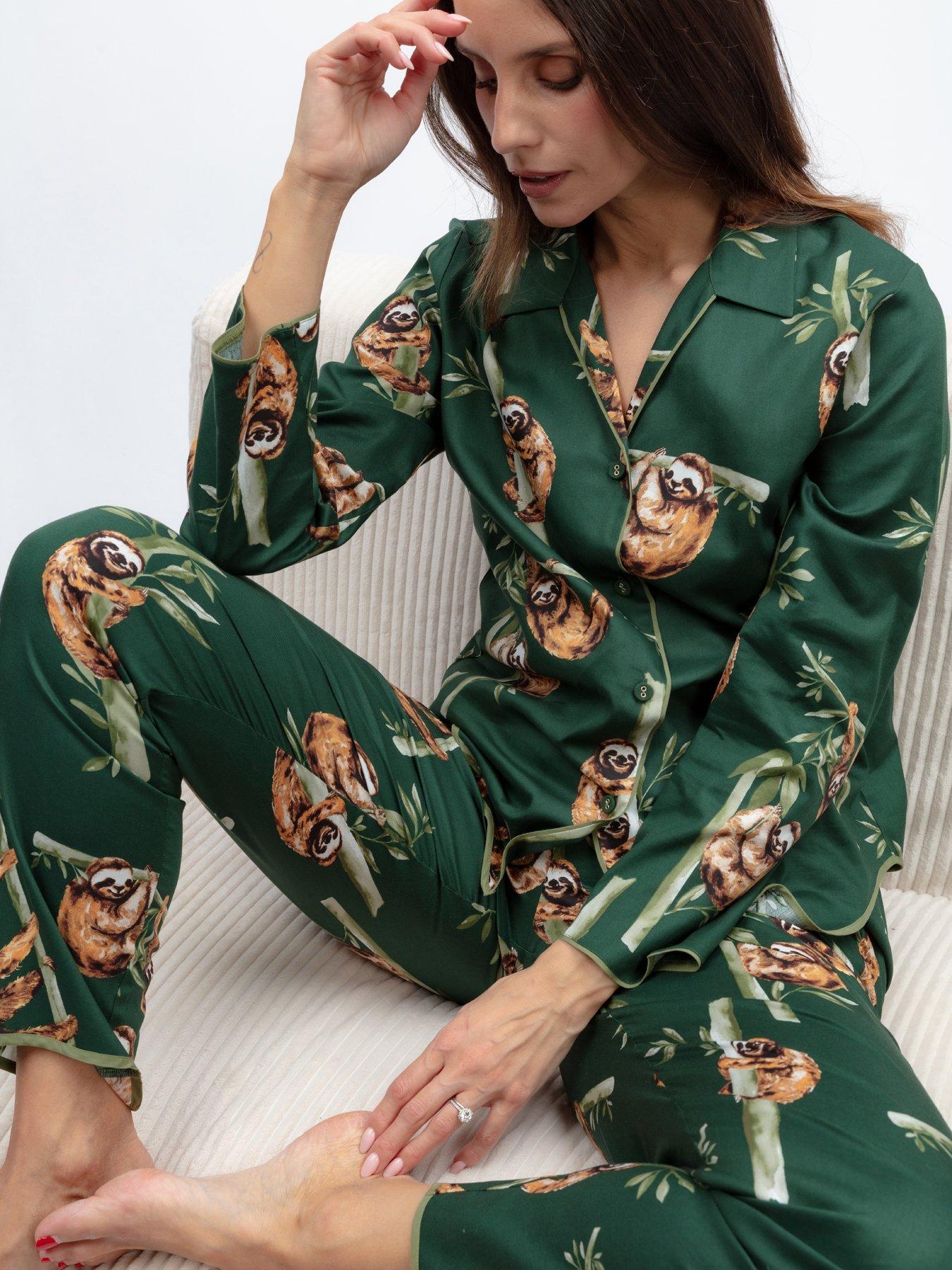 Image 4 of 6 of Cyberjammies Ember Dark Green Sloth Print Longsleeve Pyjama Set
