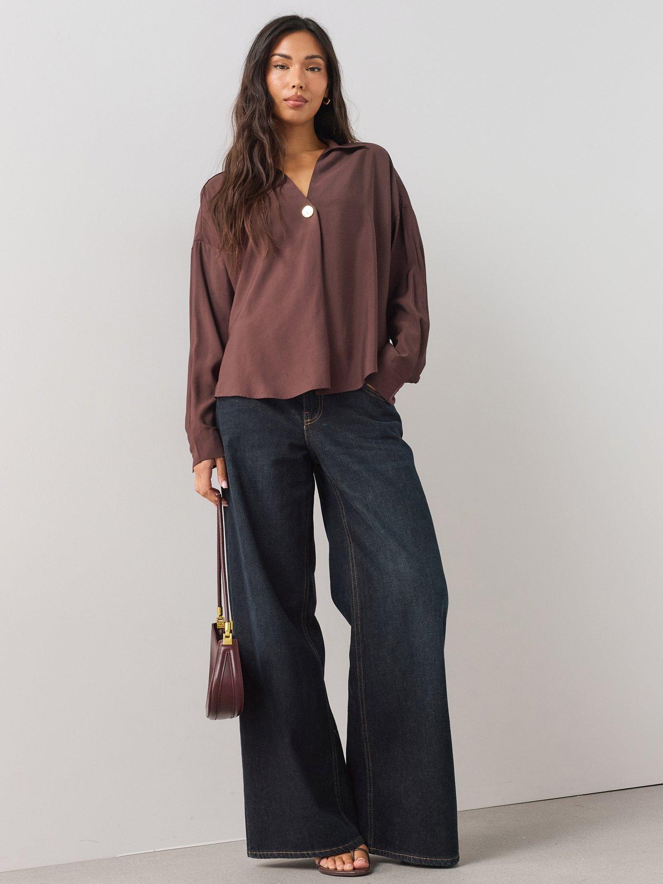 The Very Collection V-Neck Gold Detail Shirt - Brown