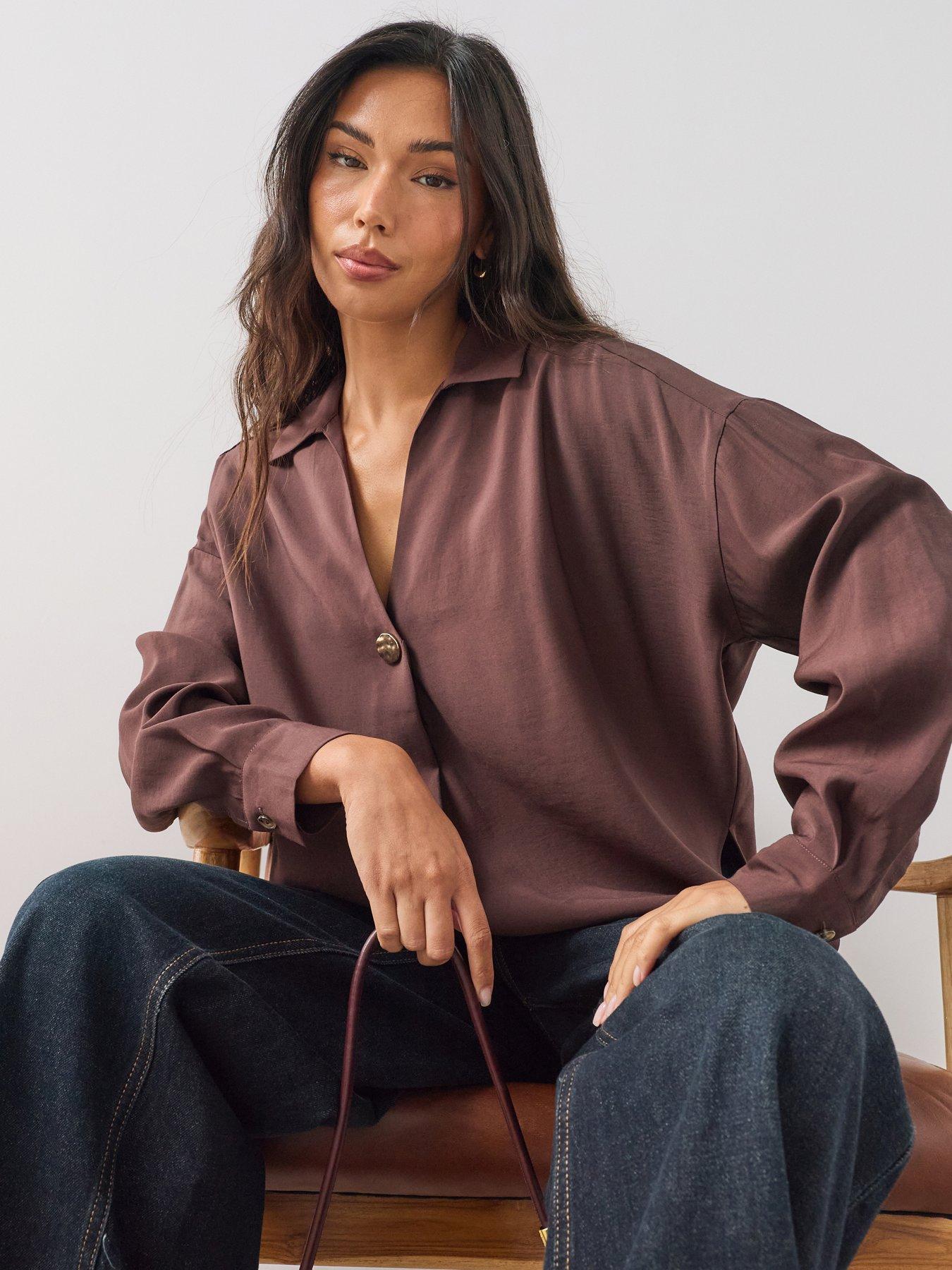 Image 3 of 6 of The Very Collection V-Neck Gold Detail Shirt - Brown