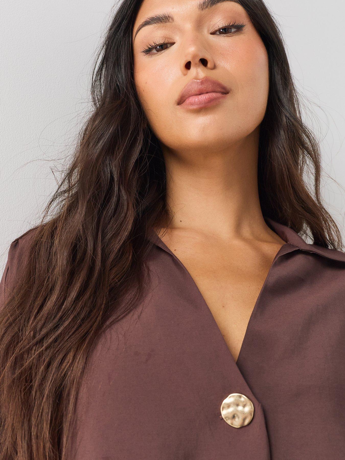 Image 4 of 6 of The Very Collection V-Neck Gold Detail Shirt - Brown