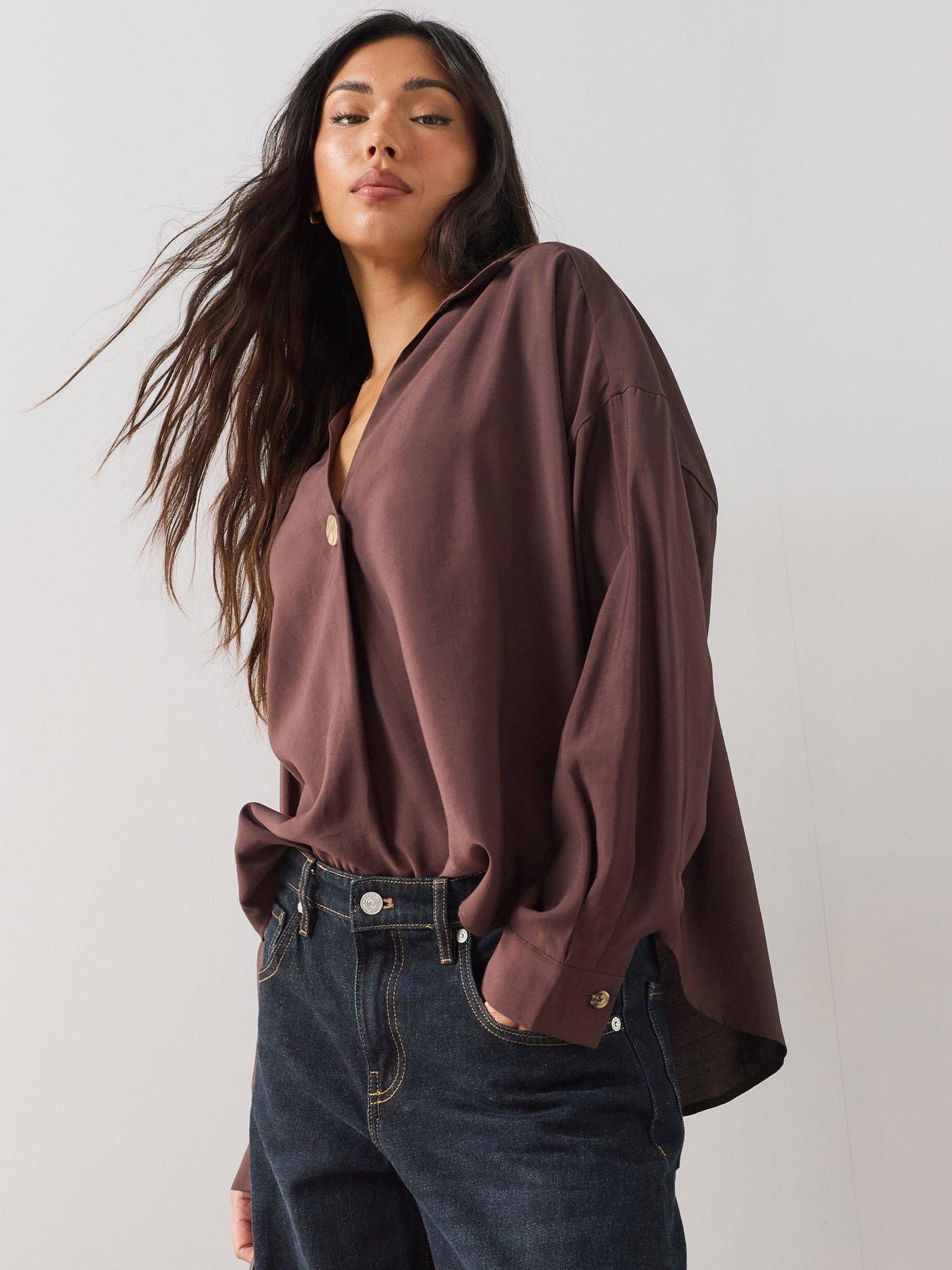 Image 5 of 6 of The Very Collection V-Neck Gold Detail Shirt - Brown