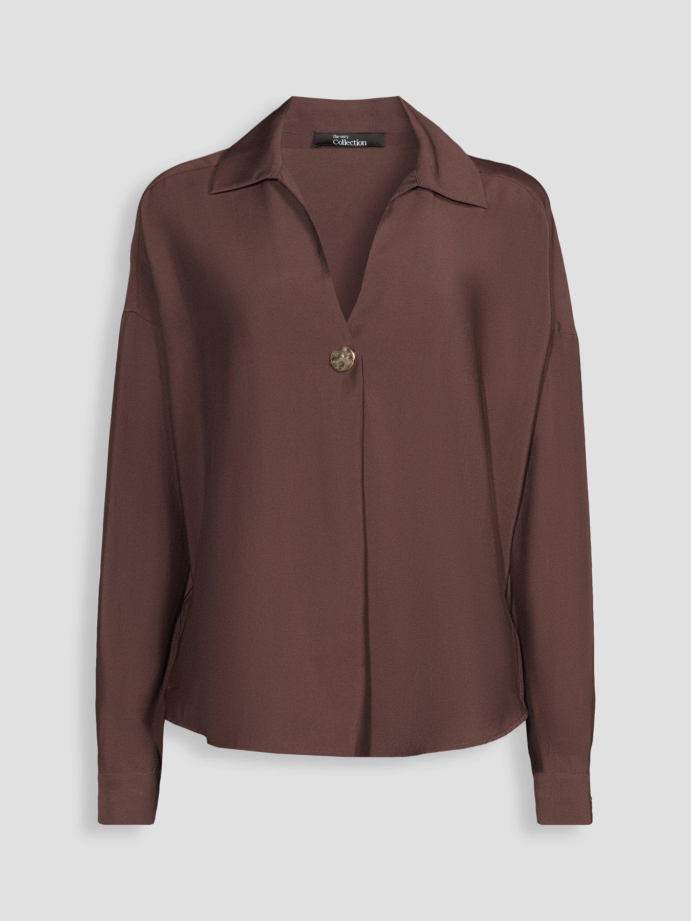 Image 6 of 6 of The Very Collection V-Neck Gold Detail Shirt - Brown