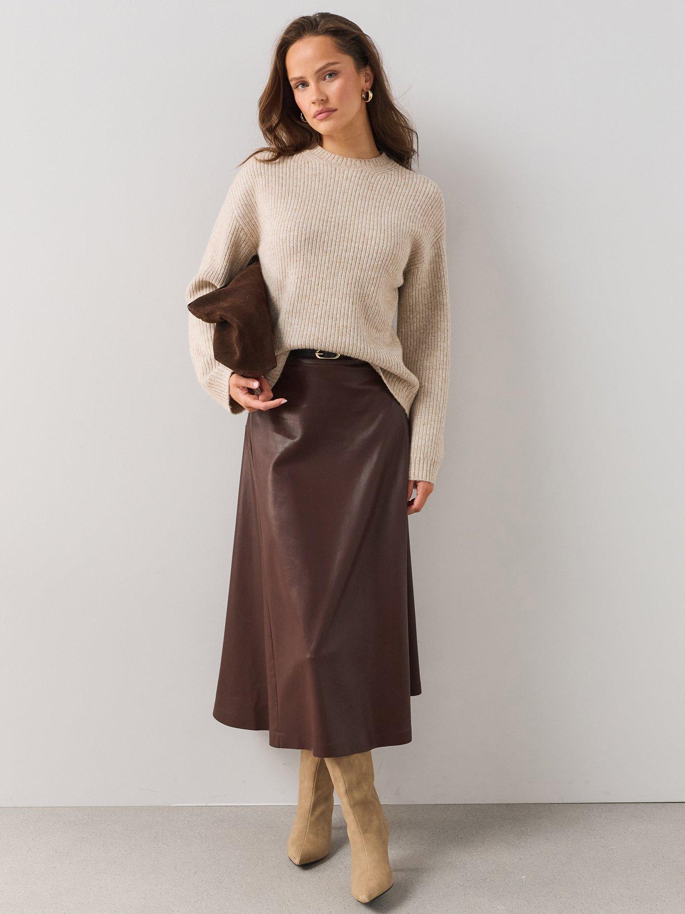 Image 1 of 6 of The Very Collection Pu Belted Midi Skirt - Brown