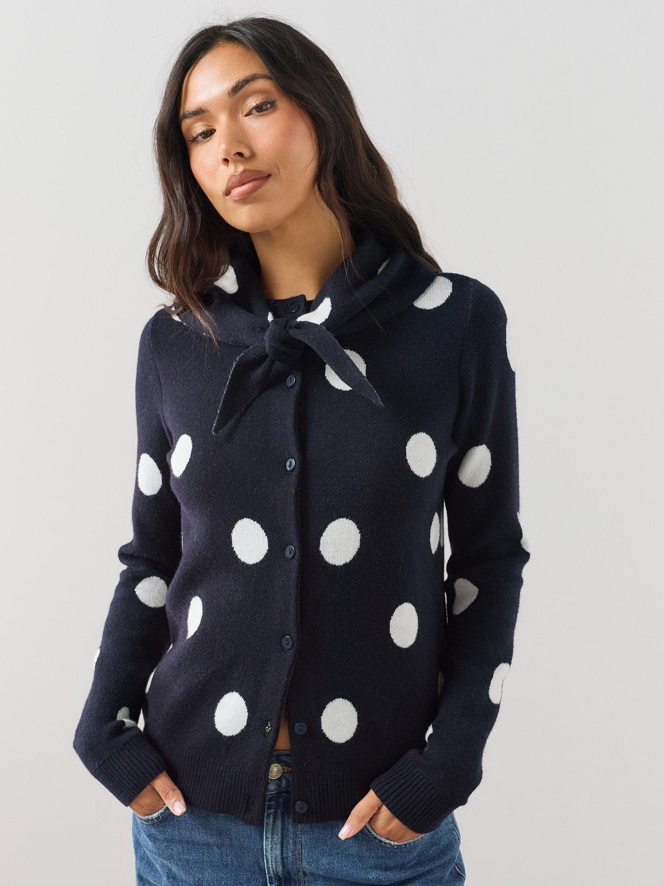 Image 1 of 6 of The Very Collection Polka Dot Crew Neck Cardigan With Scarf - Navy