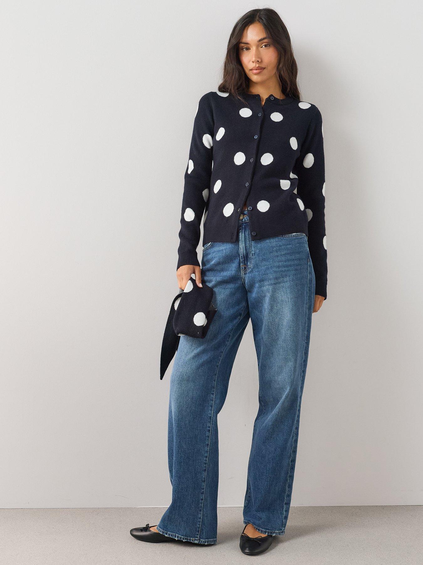 Image 3 of 6 of The Very Collection Polka Dot Crew Neck Cardigan With Scarf - Navy