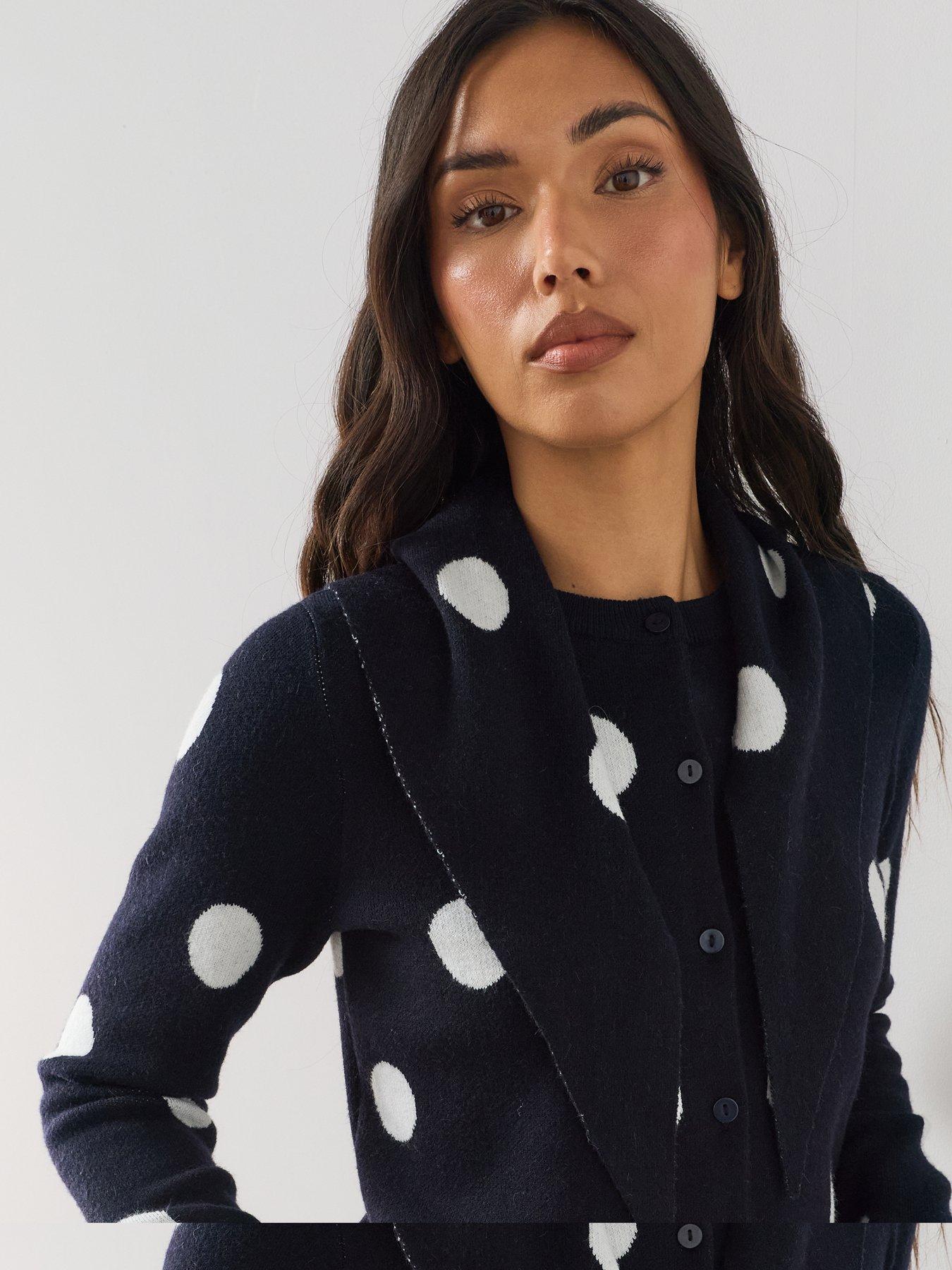 Image 4 of 6 of The Very Collection Polka Dot Crew Neck Cardigan With Scarf - Navy