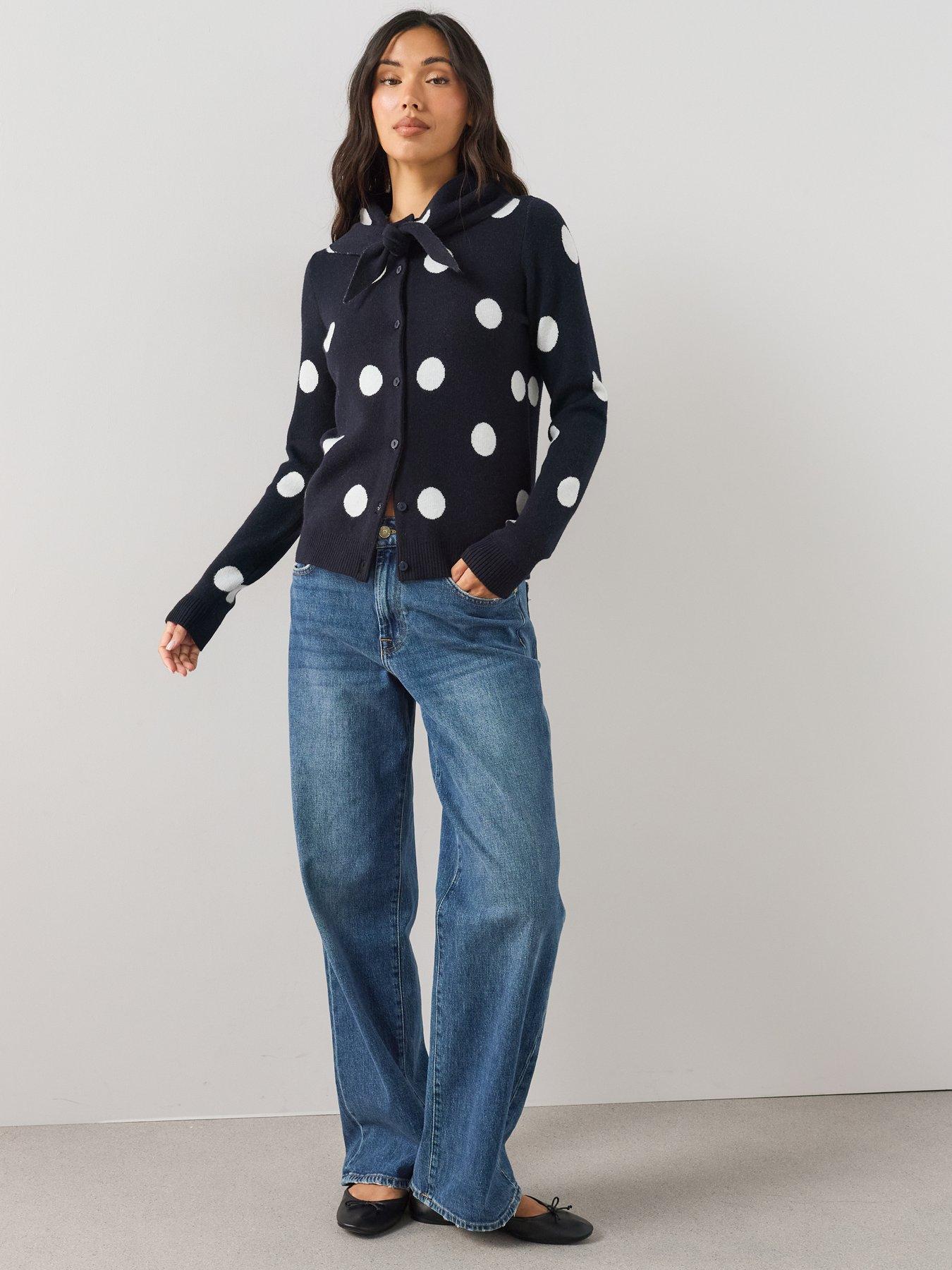 Image 5 of 6 of The Very Collection Polka Dot Crew Neck Cardigan With Scarf - Navy
