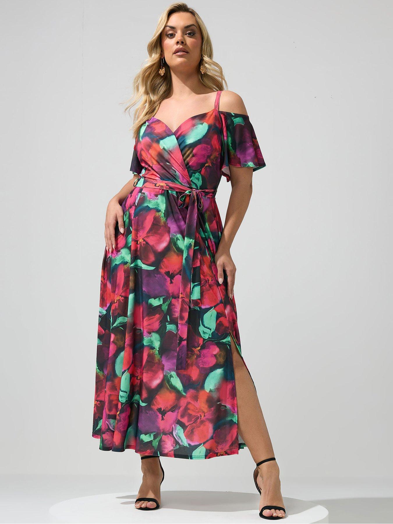 Yours Curve Abstract Cold Shoulder Maxi Dress - Red/Purple