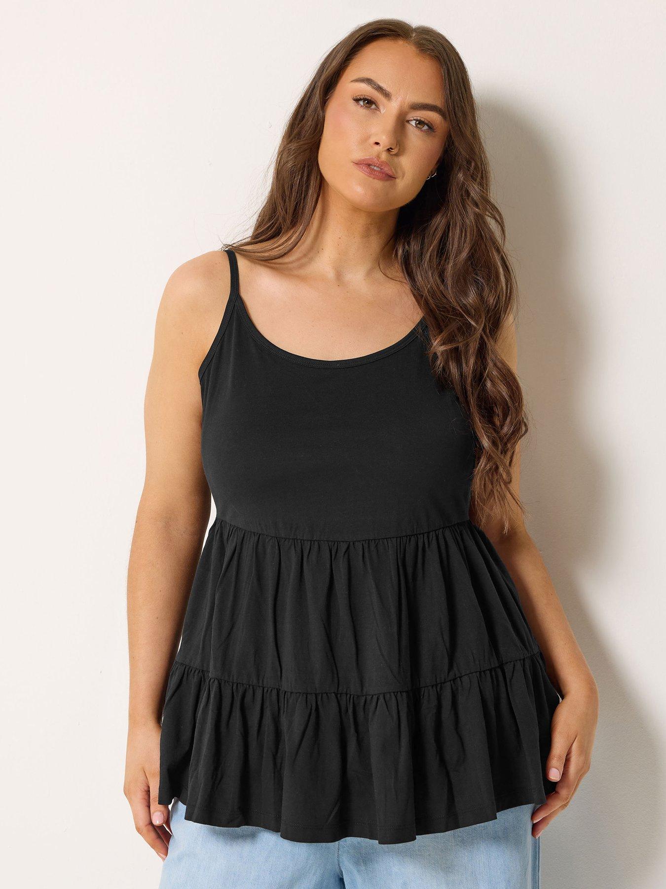 Yours Curve Pom Pom Detail Strappy Tiered Vest - Black