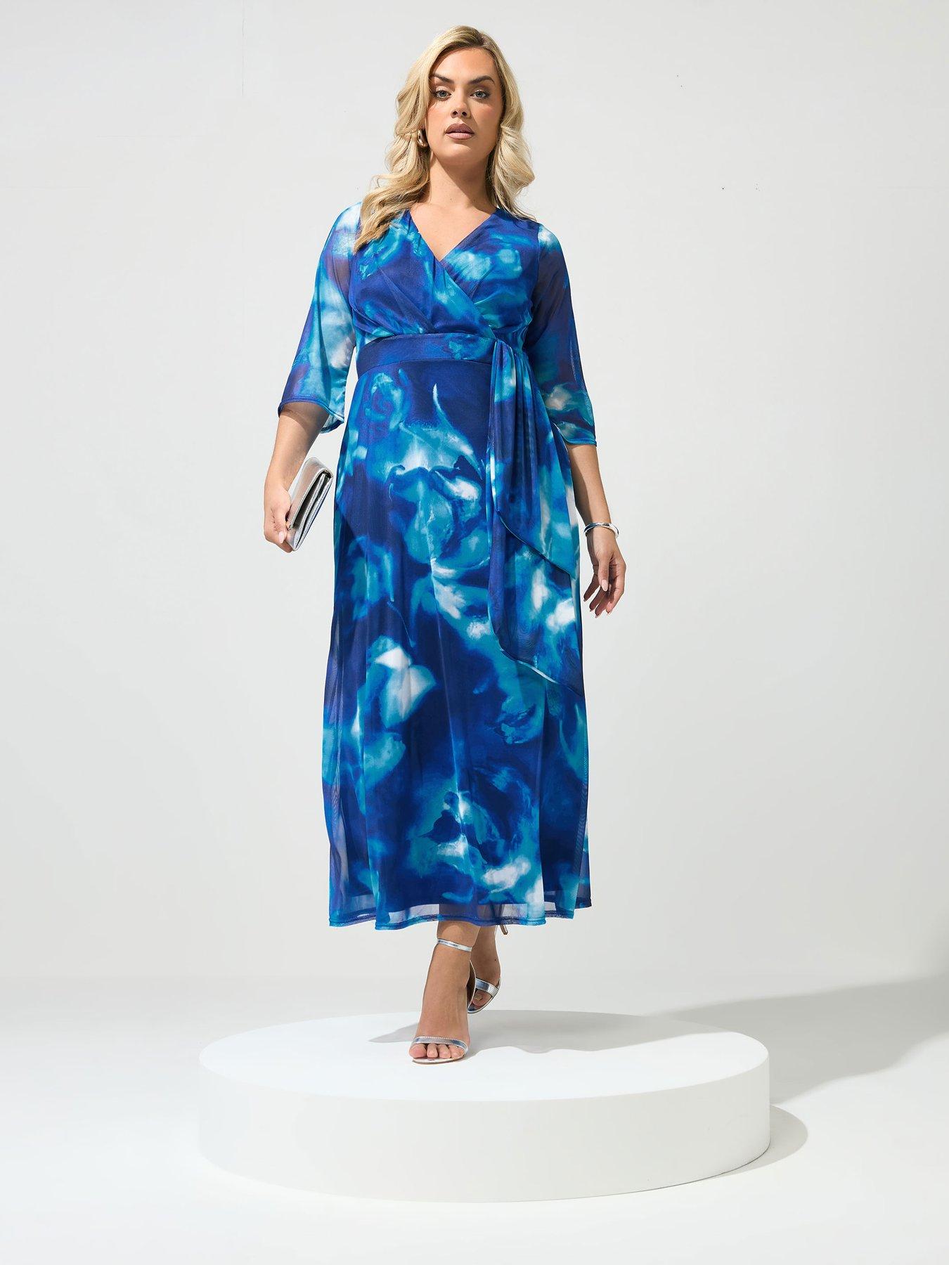 Yours Curve Abstract Mesh Wrap Dress - Blue