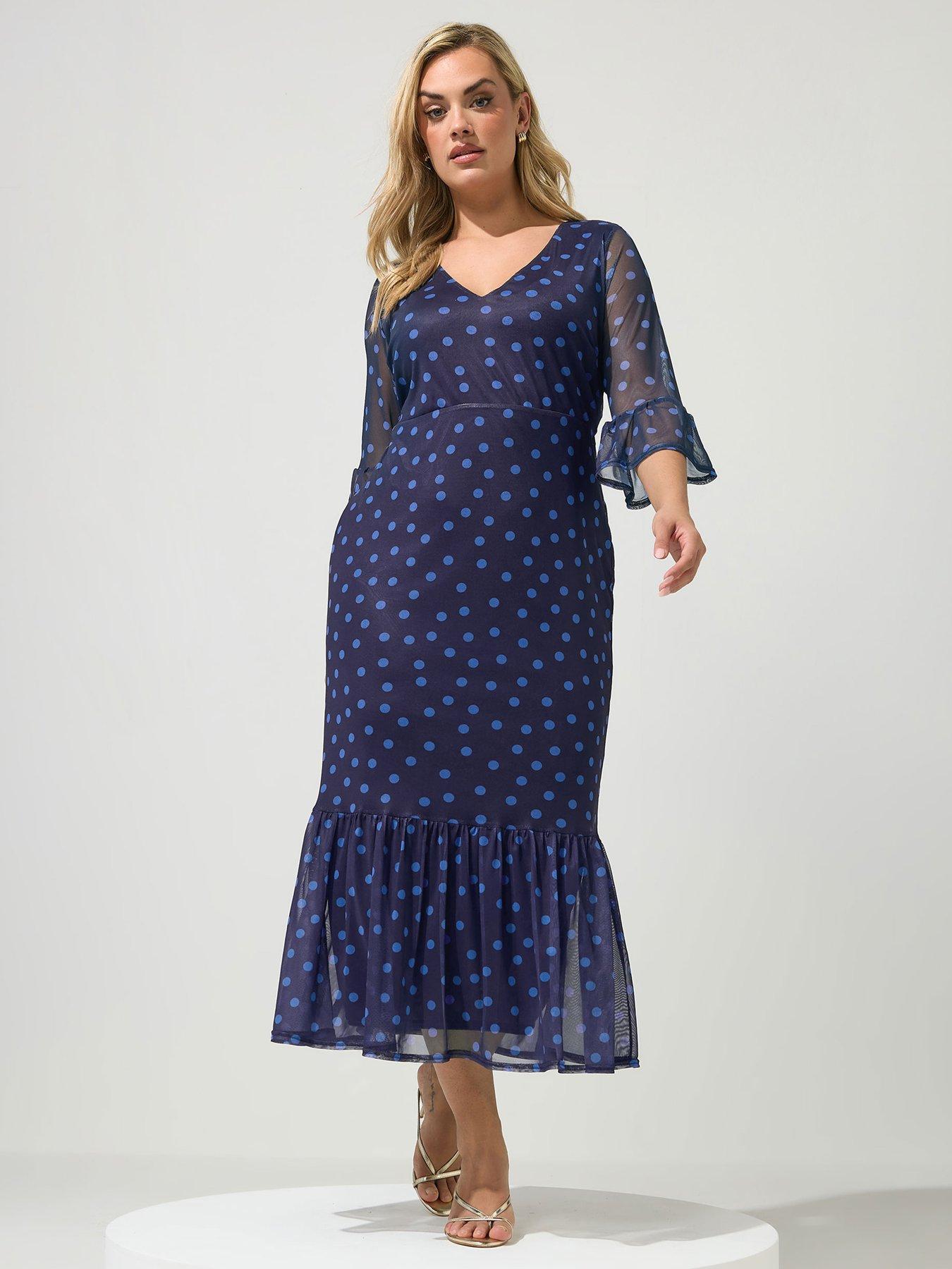 Yours Curve Polka Dot Mesh Tie Dress - Blue