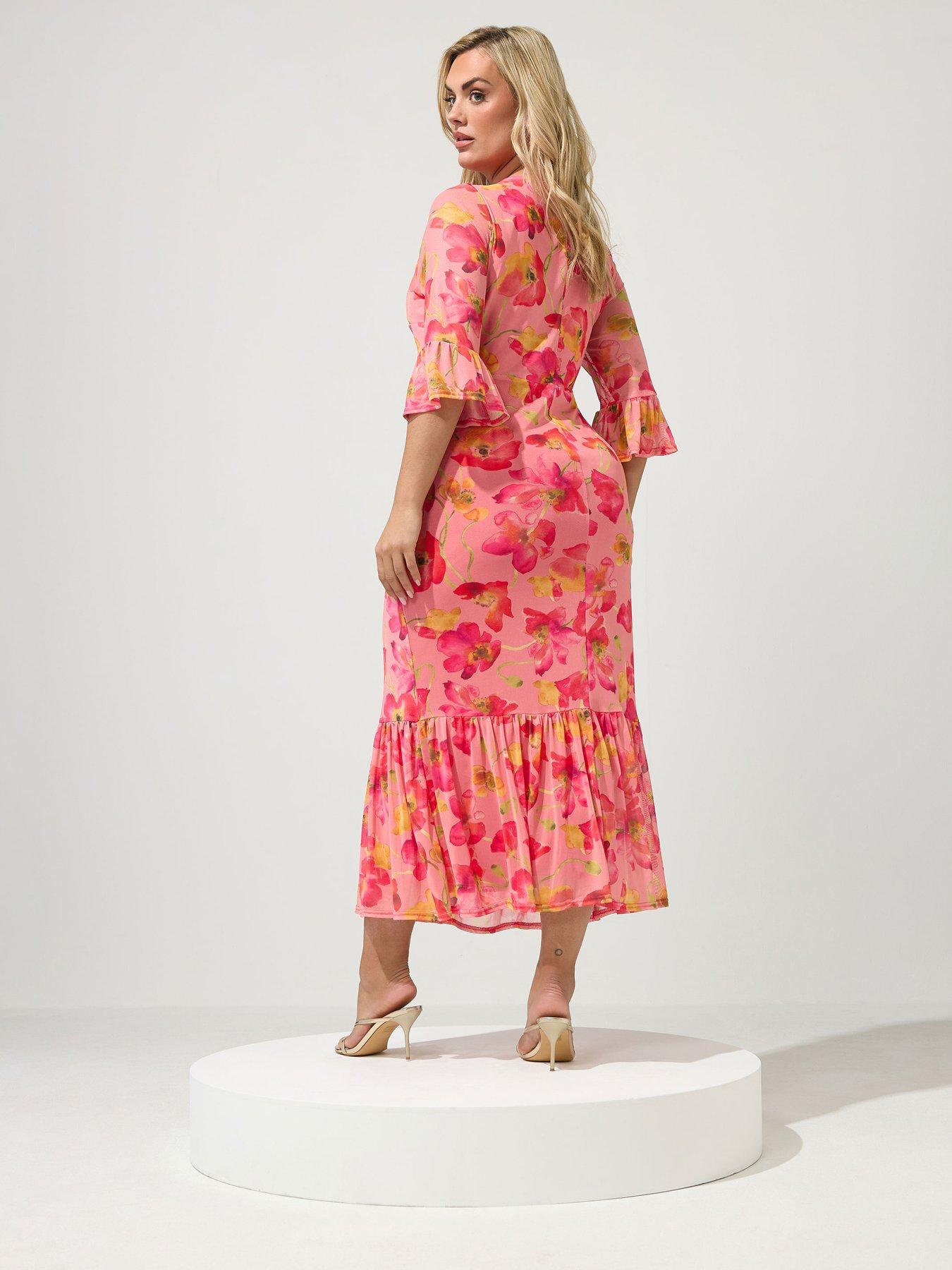 Image 2 of 4 of Yours Curve Floral Mesh Tiered V Neck Dress