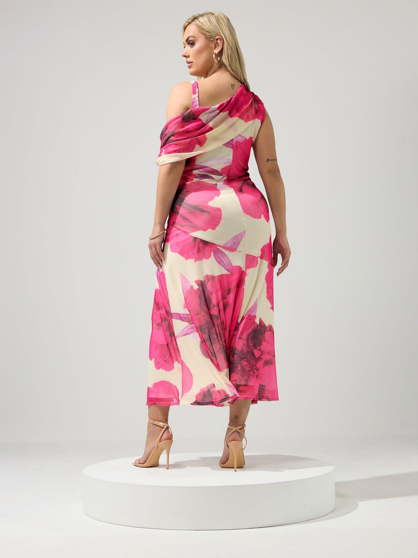 Image 2 of 5 of Yours Curve Floral Mesh Drape Shoulder Dress - White