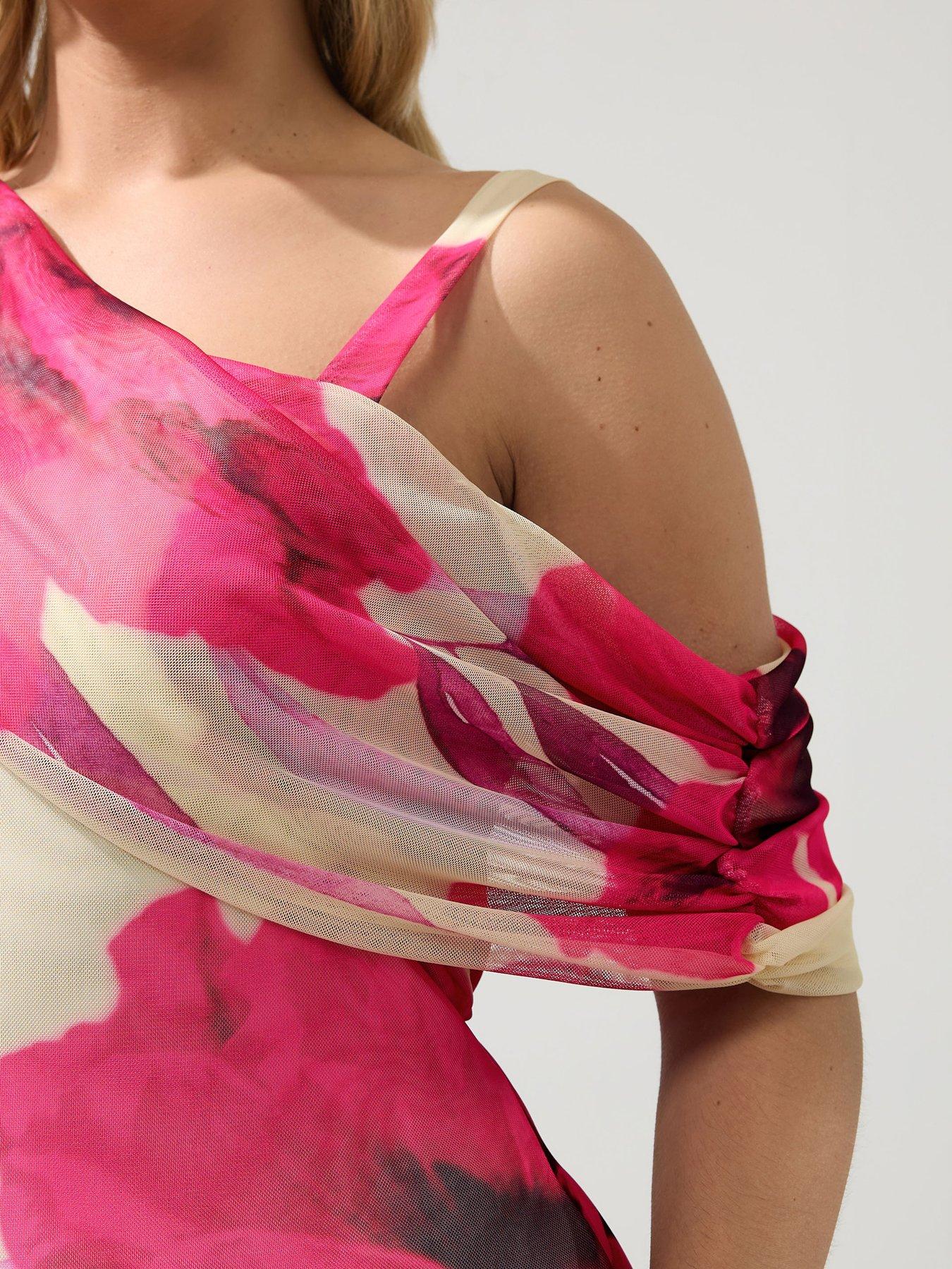 Image 4 of 5 of Yours Curve Floral Mesh Drape Shoulder Dress - White