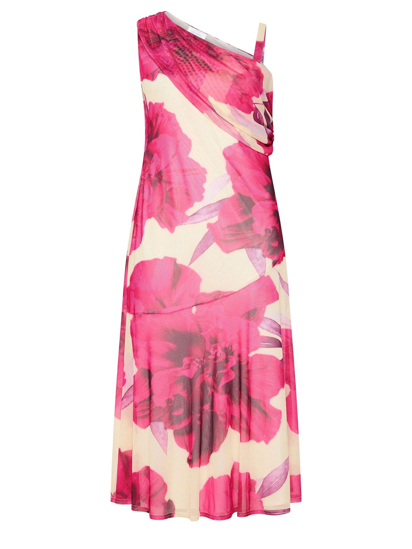 Image 5 of 5 of Yours Curve Floral Mesh Drape Shoulder Dress - White