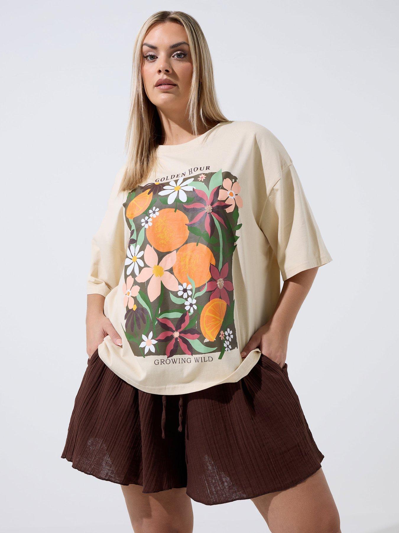 Yours Curve Floral Beaded T-Shirt - Black