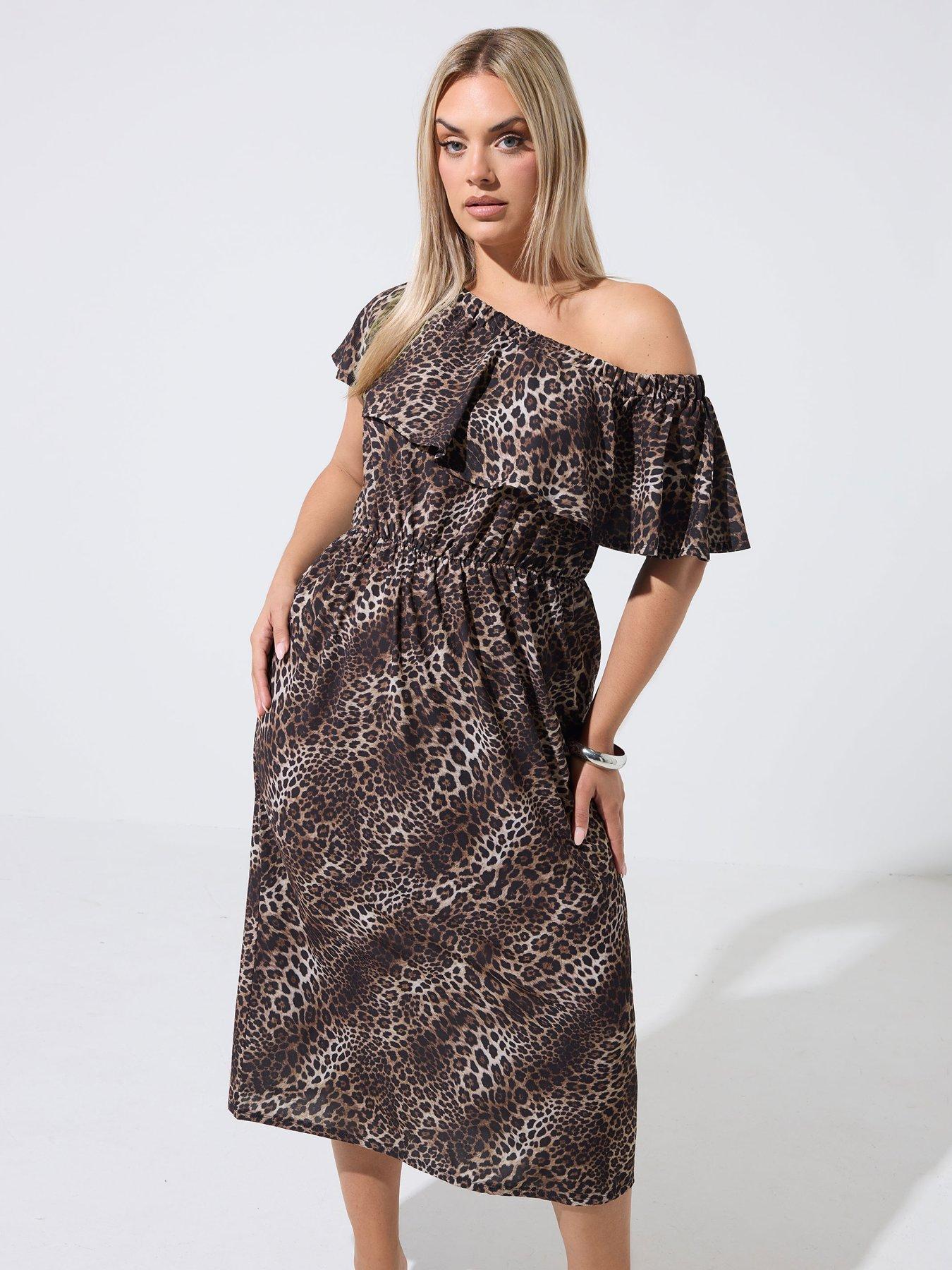 Image 1 of 4 of Yours Curve Leopard Frill Dress - Brown