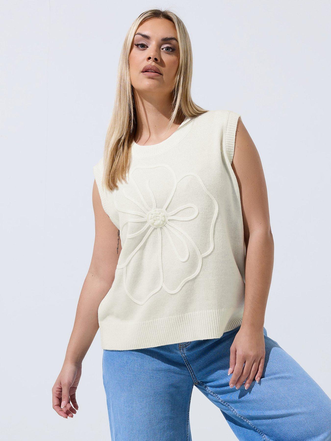 Yours Curve Knitted Embroidered Flower Top - White