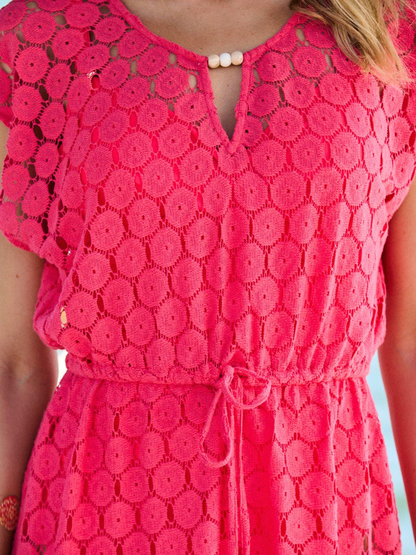 Image 3 of 4 of Sosandar Crochet Bead Detail Tie Waist Beach Dress - Coral