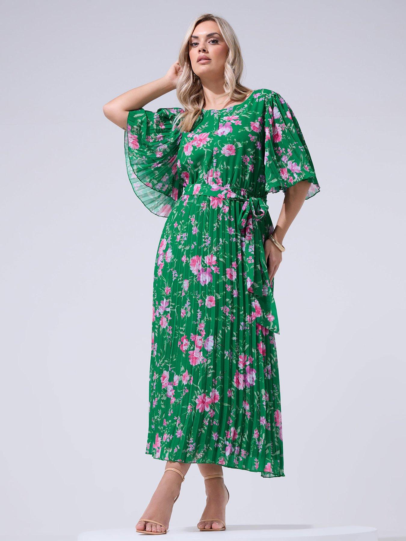 Yours Curve Floral Pleated Maxi Dress - Green