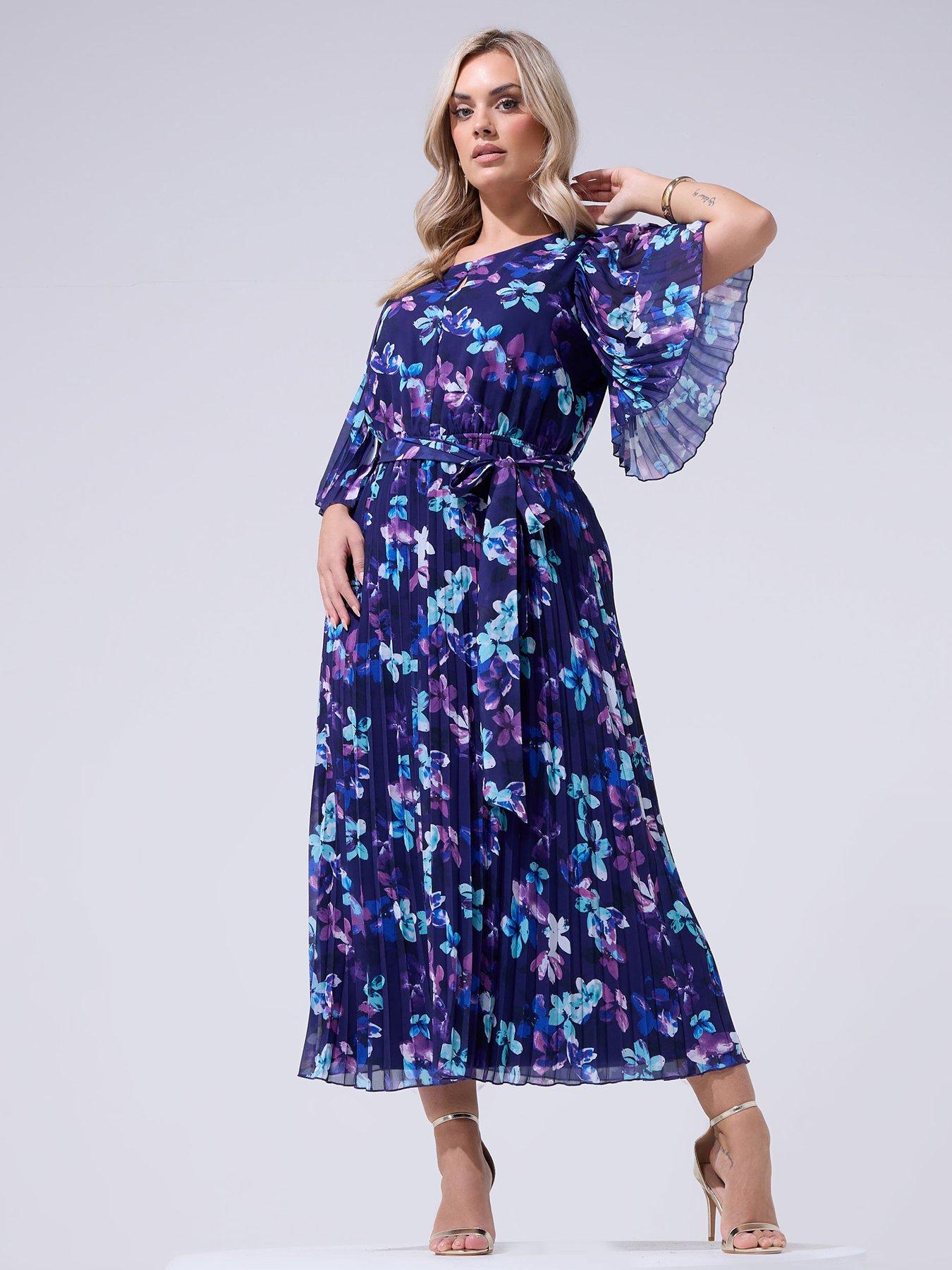 Yours Curve Floral Pleated Maxi Dress - Blue