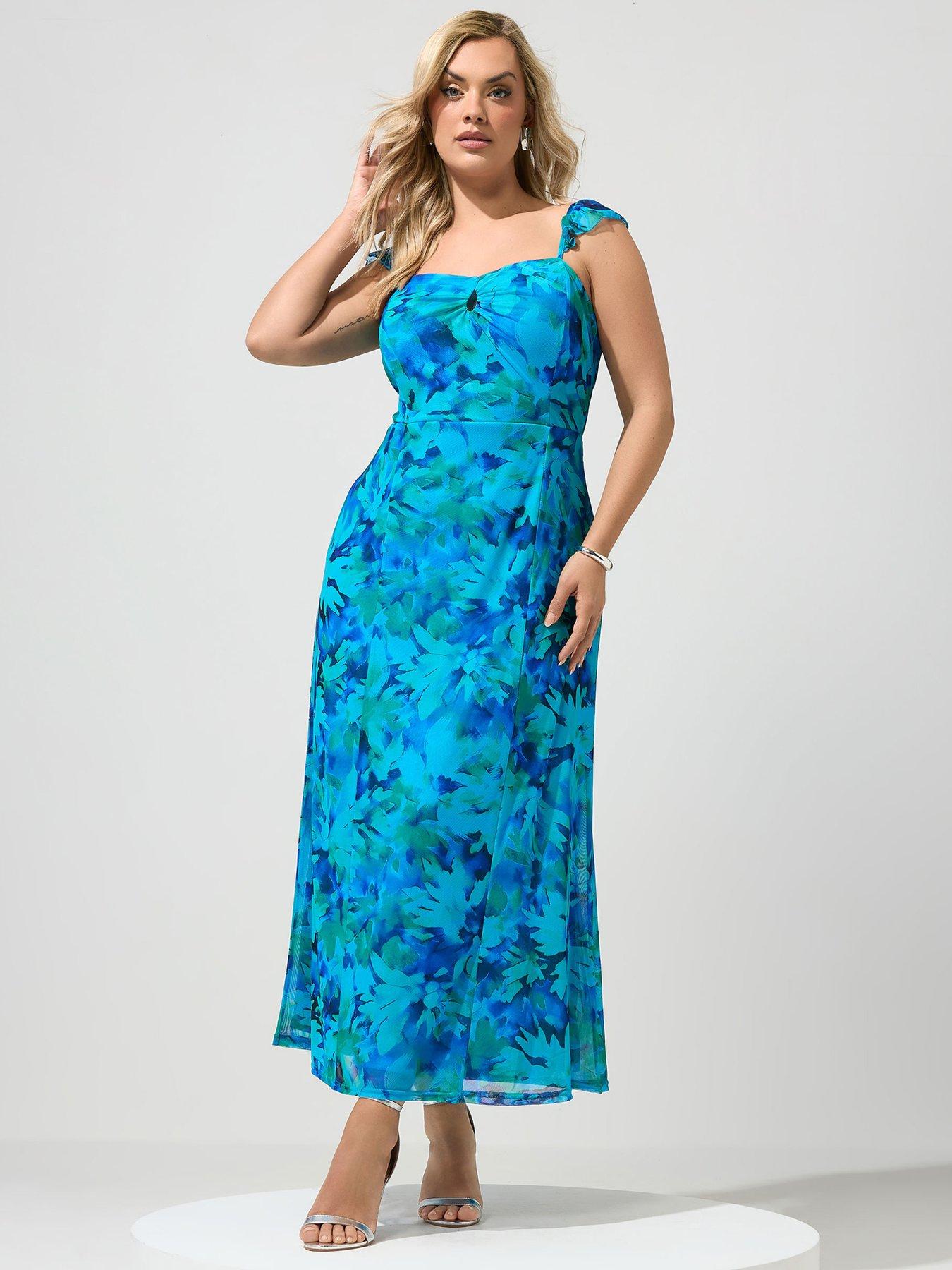 Yours Curve Abstract Keyhole Ruffle Cami Dress - Blue