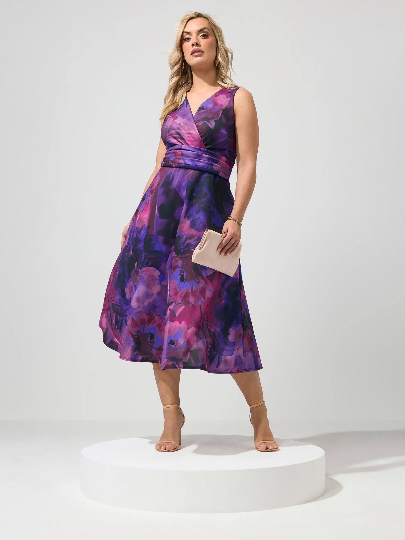 Yours Curve Abstract V Neck Skater Dress - Purple/Pink