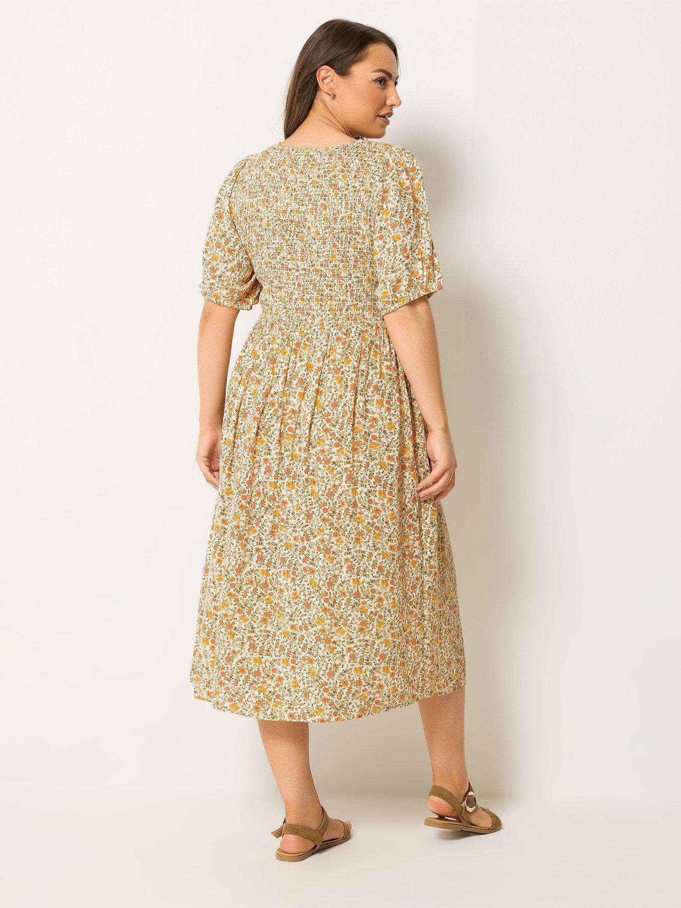 Image 2 of 5 of Yours Curve Shirred Puff Sleeve Midaxi Dress - Yellow