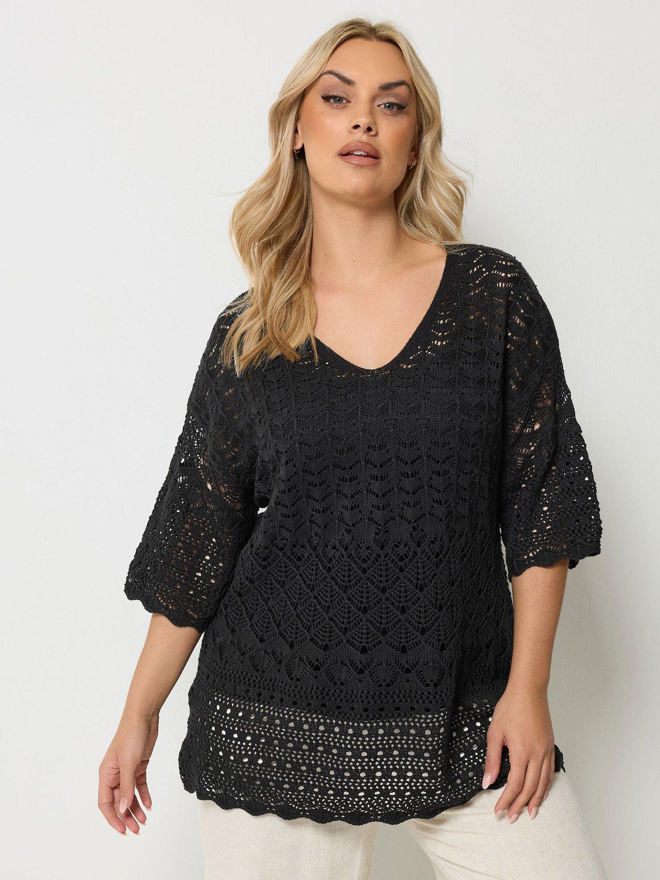 front image of yours-curve-crochet-tunic-jumper-black