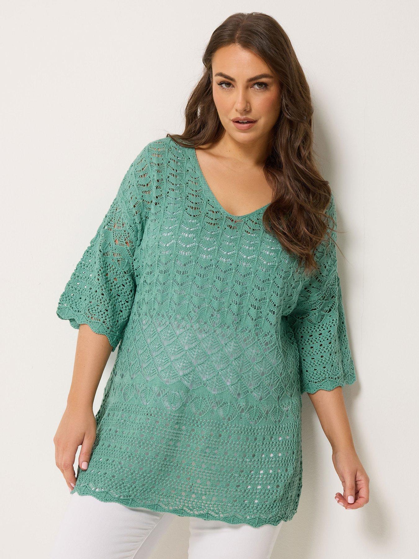 front image of yours-curve-crochet-tunic-jumper-blue