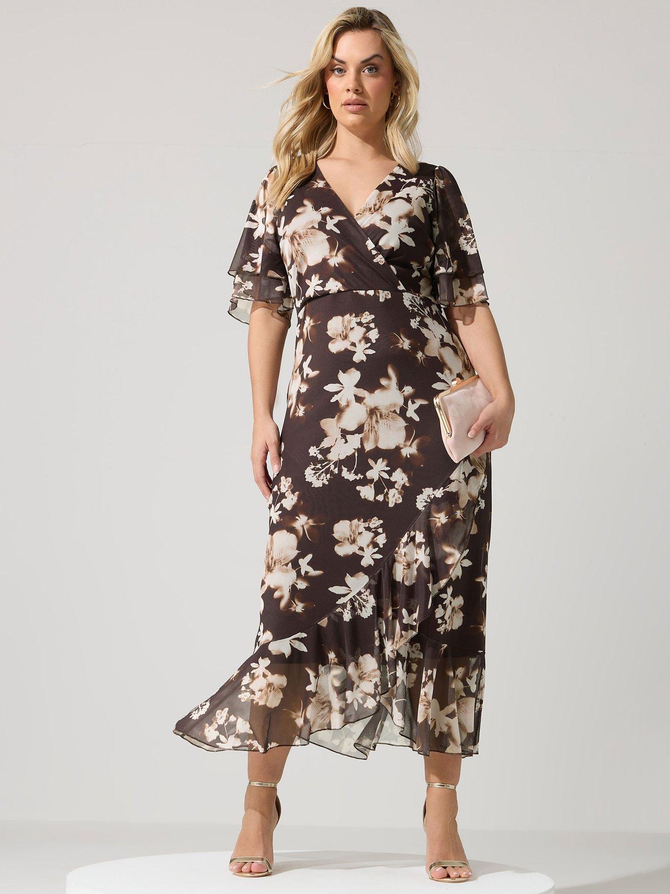brown mesh wrap dress Rosalia Brown Mesh Maxi Dress - XL Size - Women's Dresses