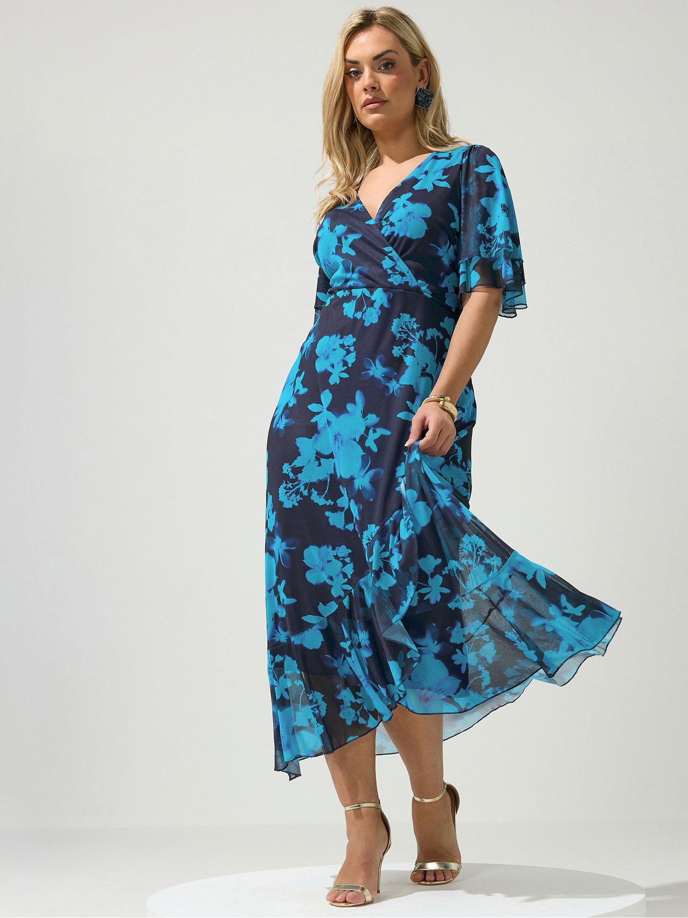 Yours Curve Floral Mesh Wrap Ruffle Dress