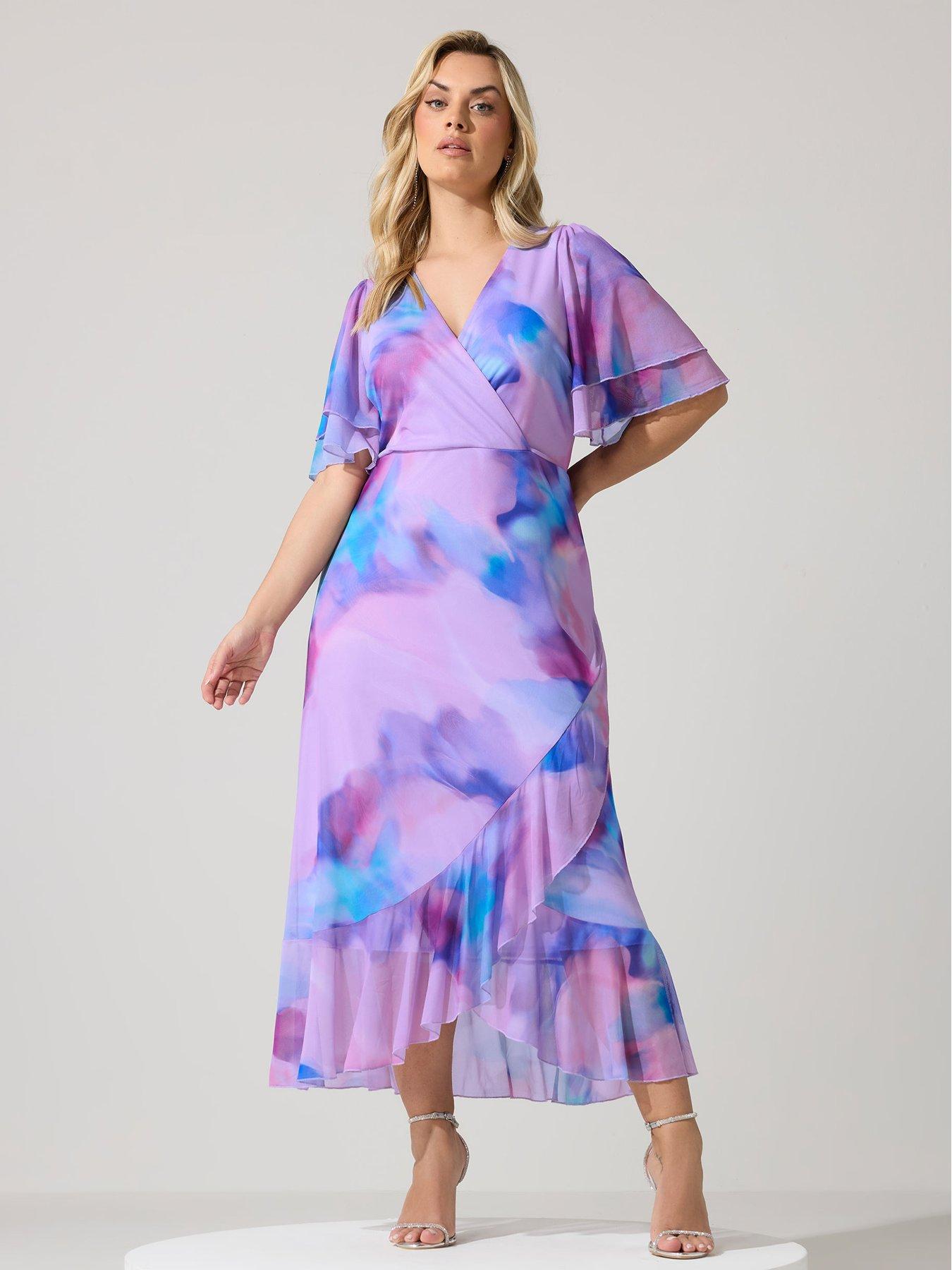 front image of yours-curve-abstract-mesh-wrap-ruffle-dress