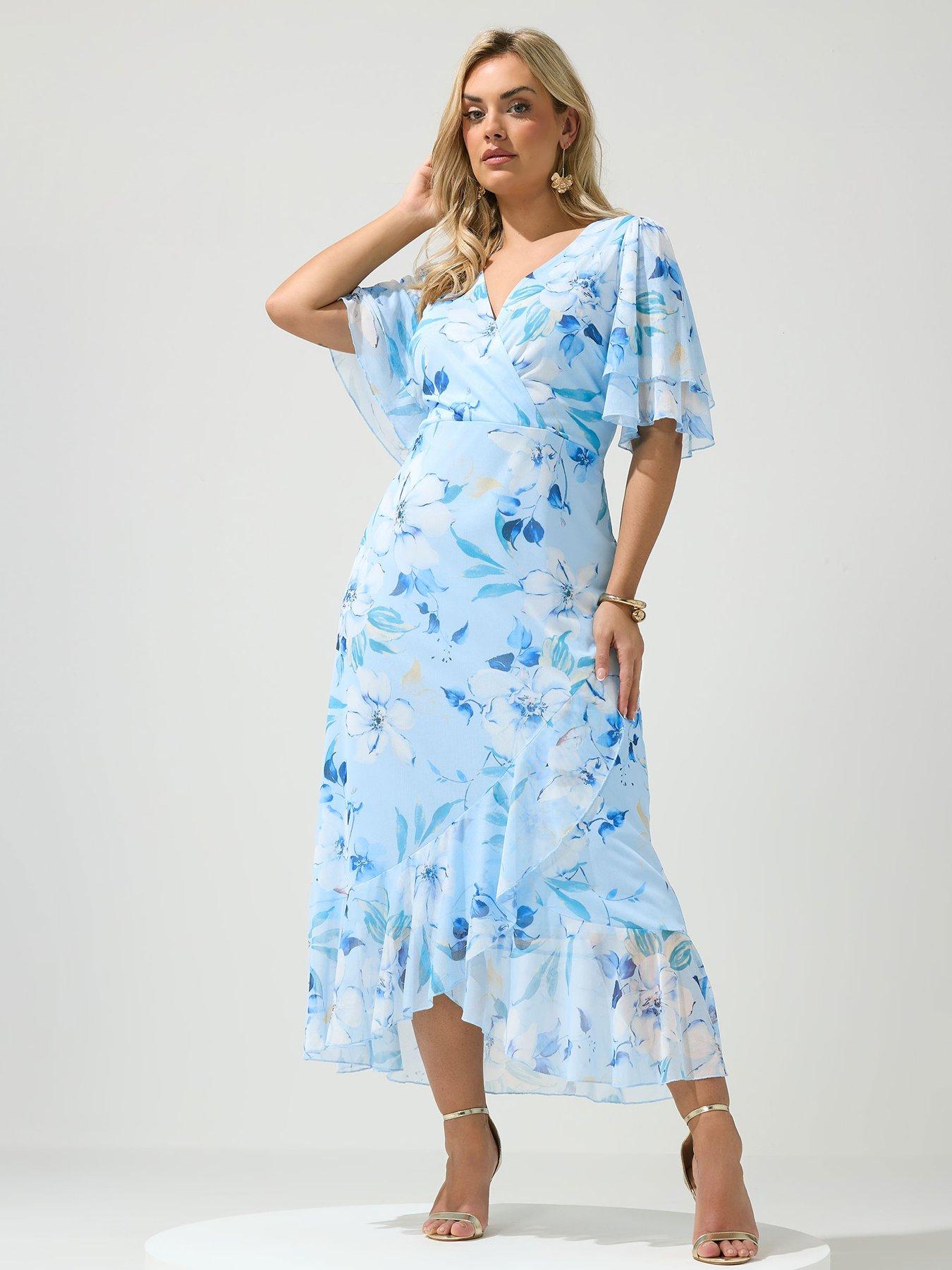 yours-curve-floral-mesh-wrap-ruffle-dress-blue