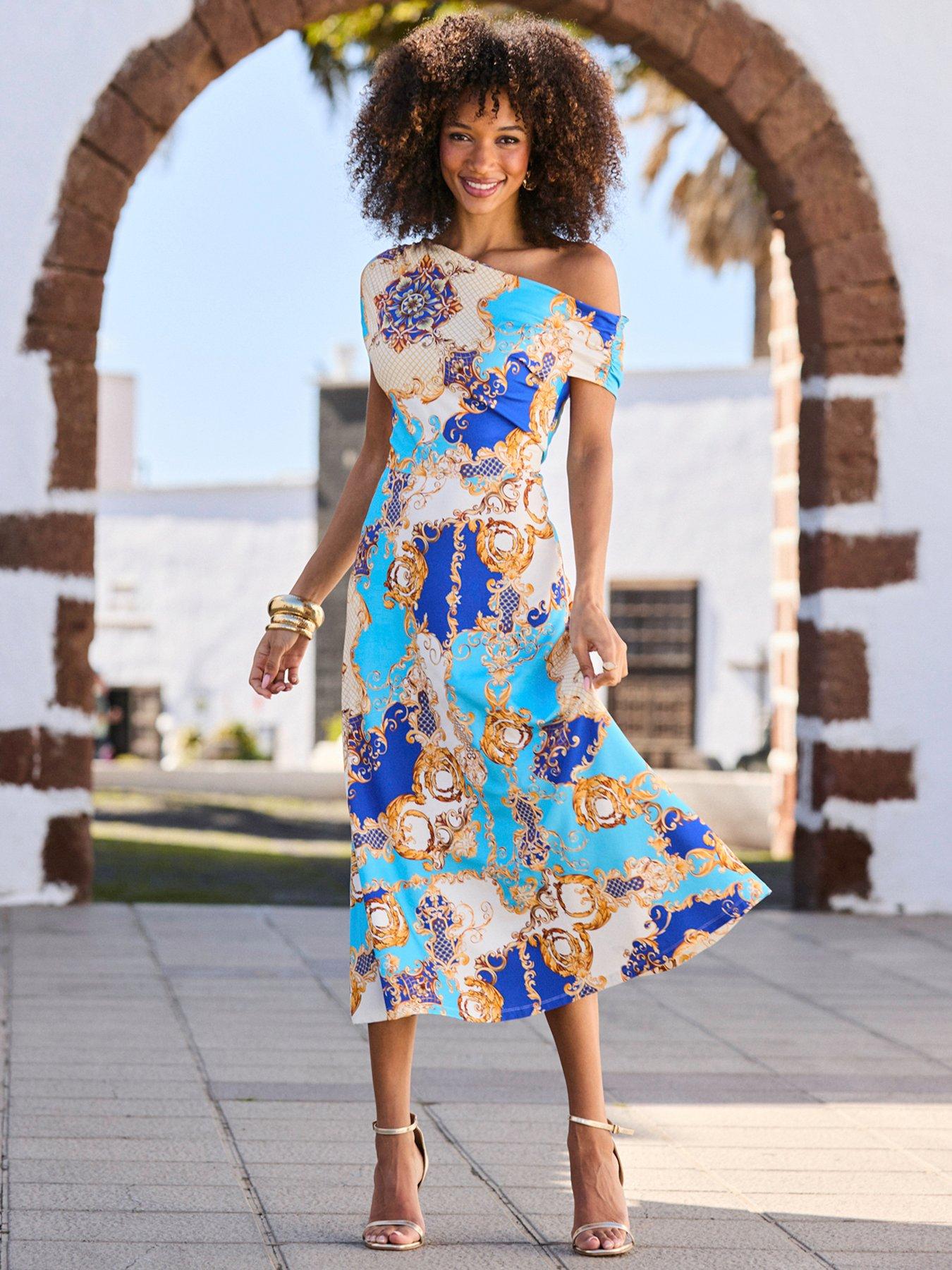Sosandar Baroque Print Off The Shoulder Fit  &  Flare Dress - Blue