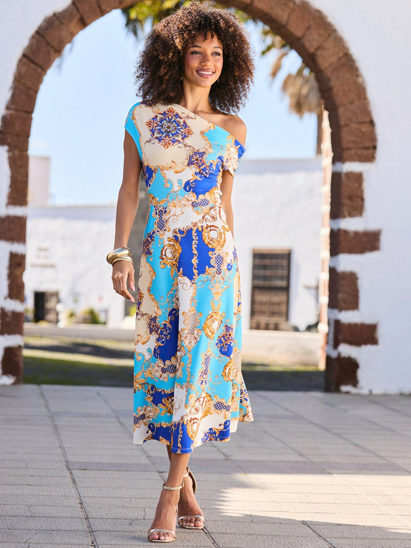 Sosandar Baroque Print Off The Shoulder Fit & Flare Dress - Blue