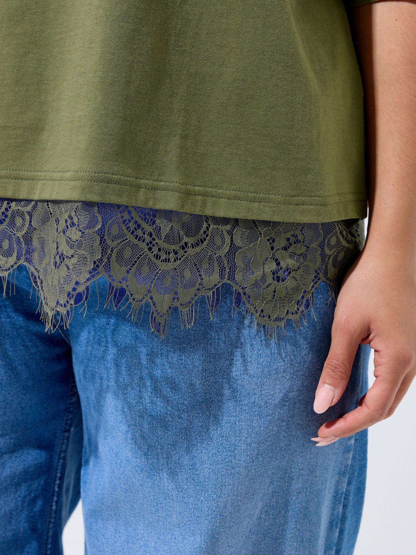 Image 4 of 4 of Yours Curve Lace Hemline Top - Green