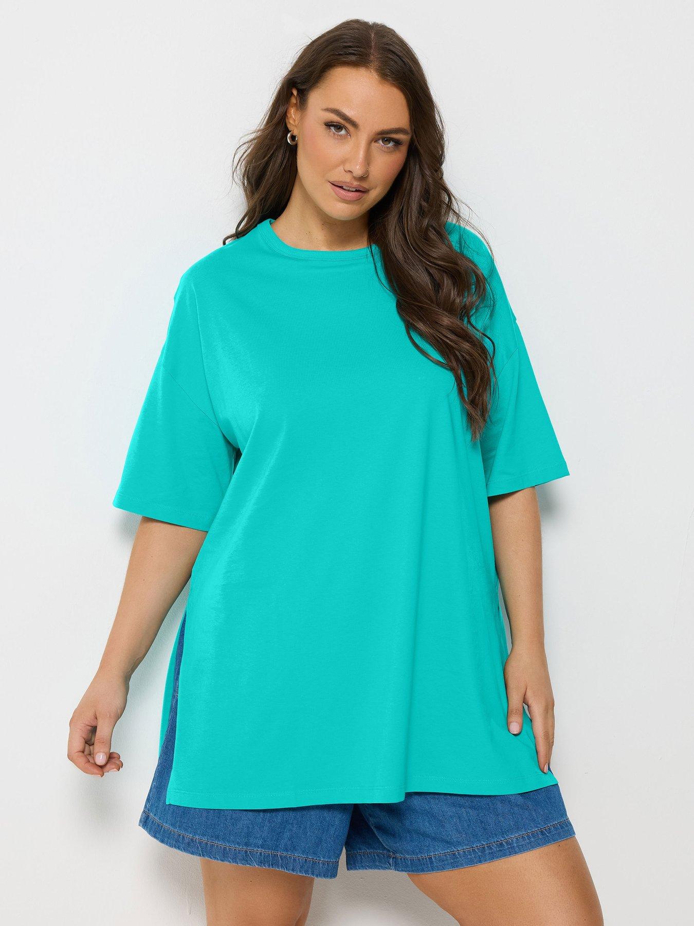 Image 1 of 5 of Yours Curve Relaxed Side Split Longline T-Shirt - Blue