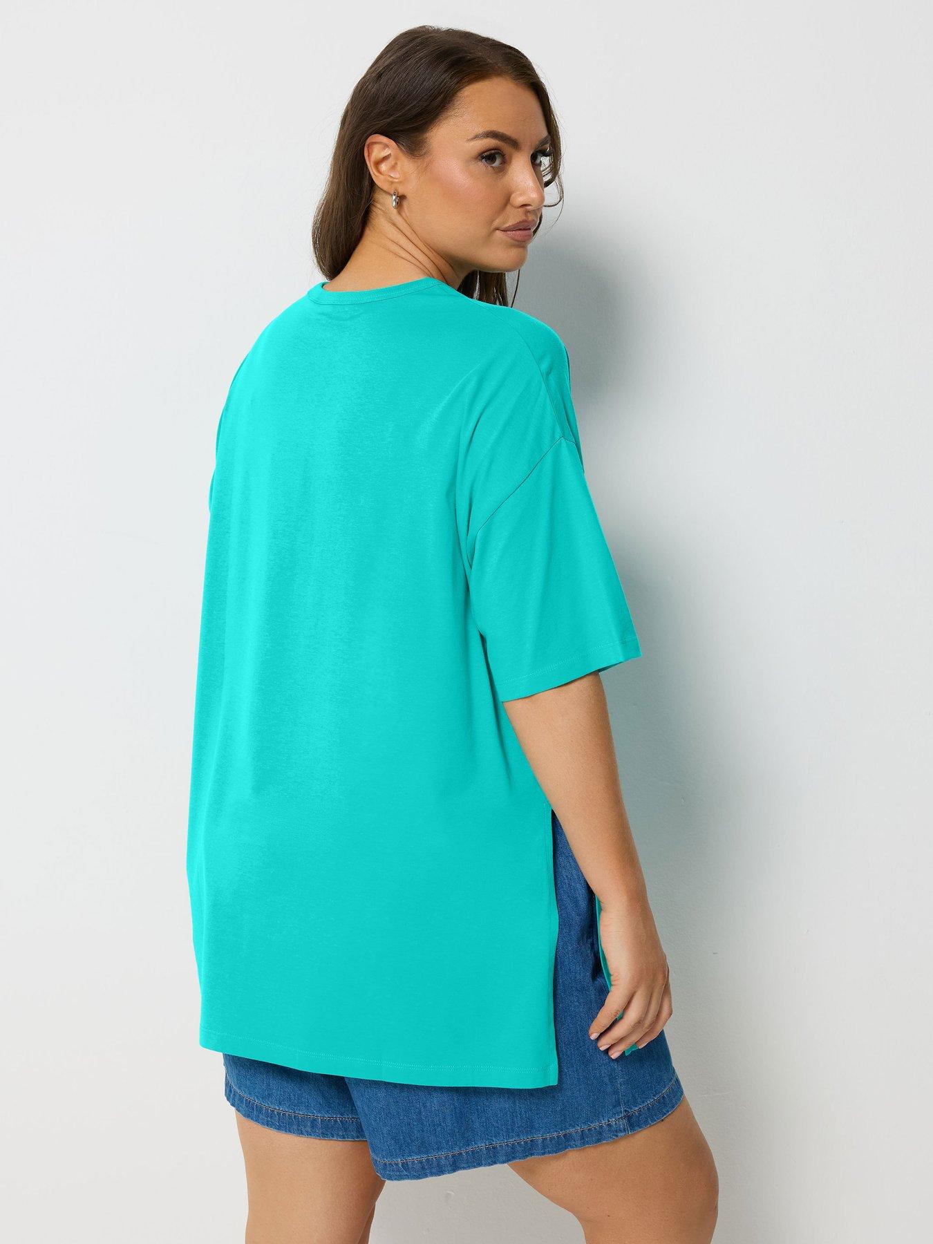 Image 2 of 5 of Yours Curve Relaxed Side Split Longline T-Shirt - Blue