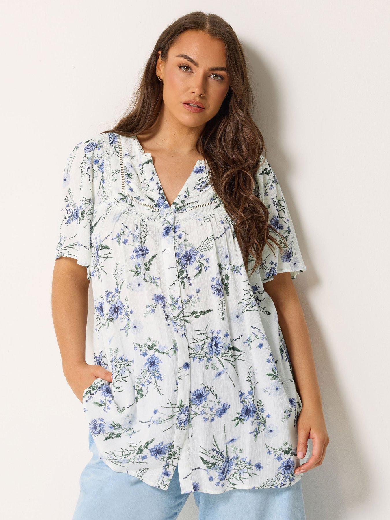 Yours Curve Floral Notch Neck Blouse - White