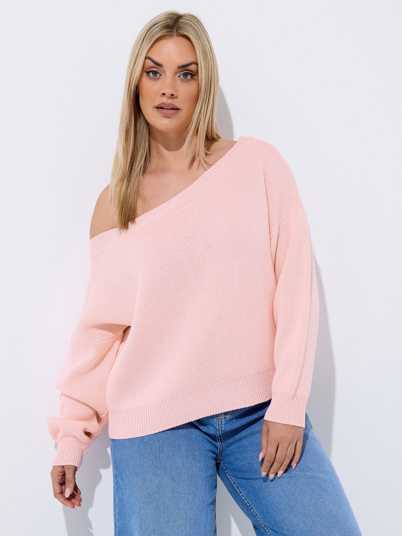 Image 1 of 4 of Yours Curve Off Shoulder Knit Jumper - Pink