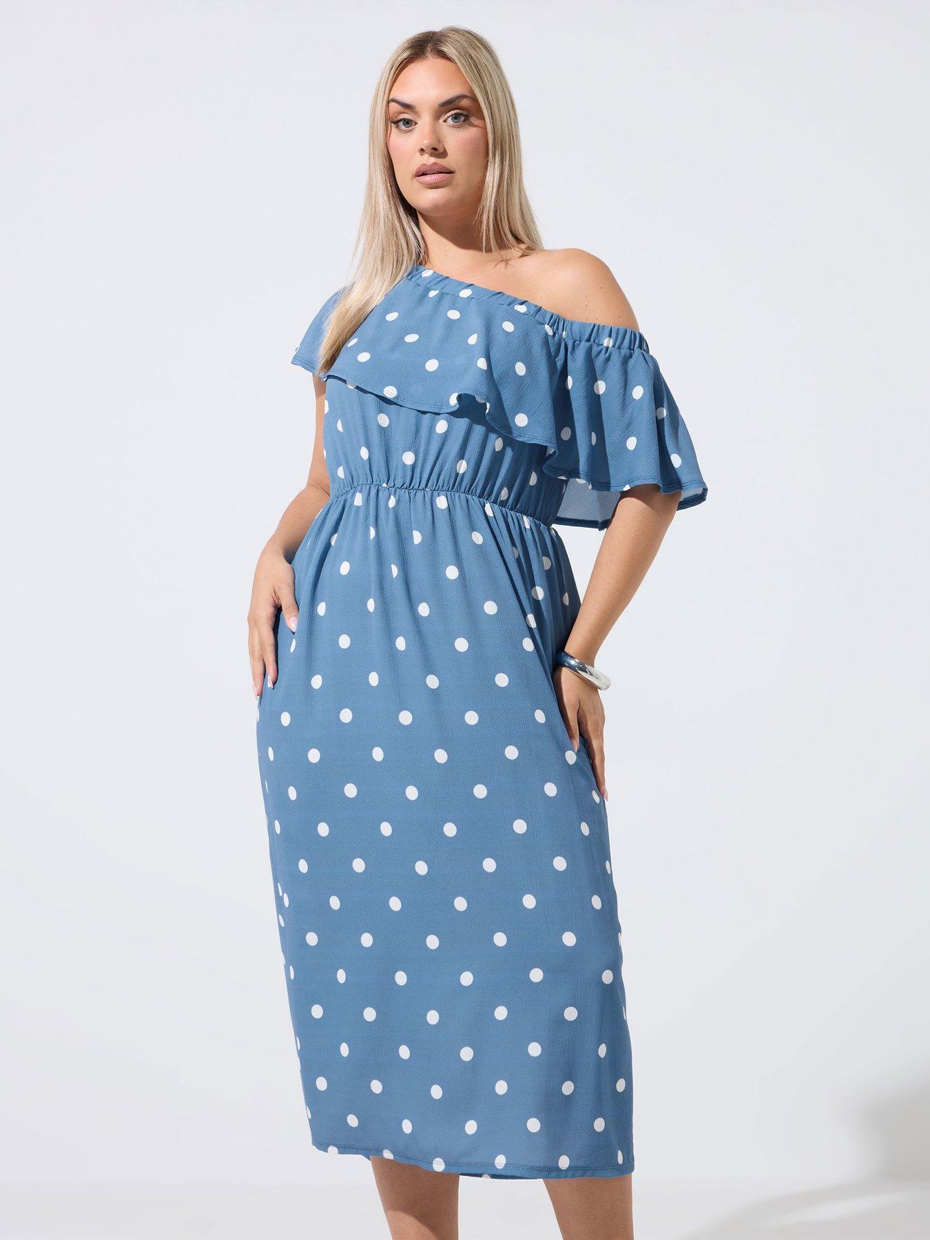 Yours Curve Polka Dot Frill Dress - Blue