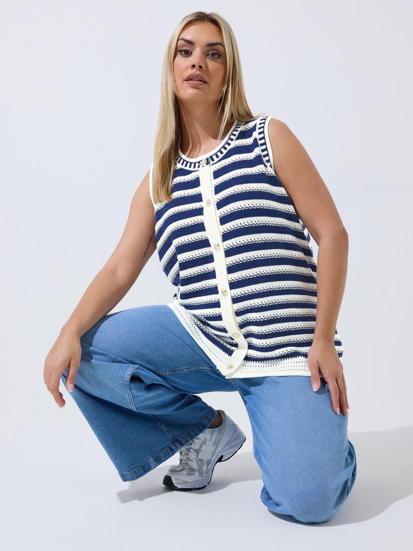 Yours Curve Stripe Button Waistcoat - Navy
