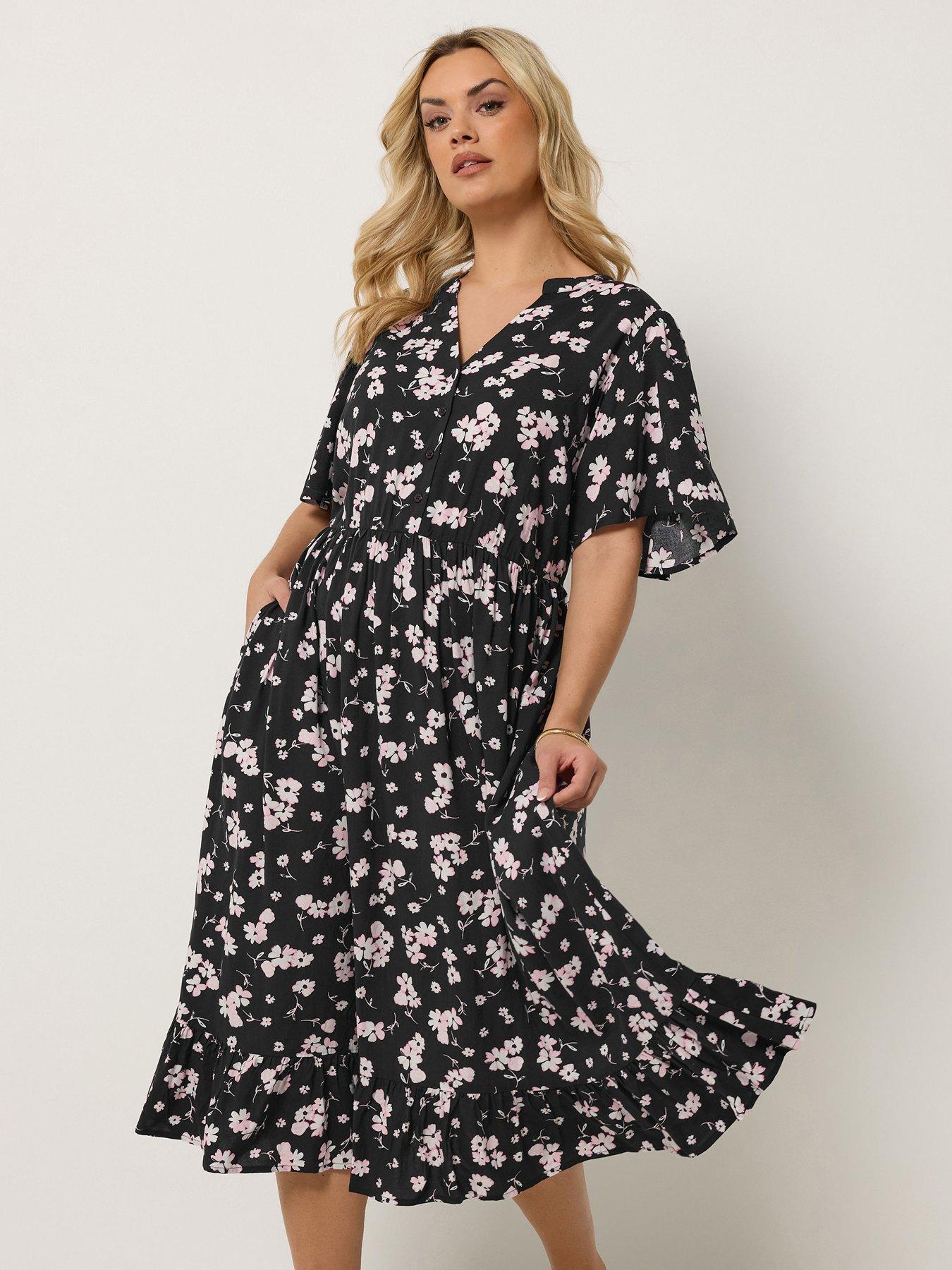 Yours Curve Printed Half Placket Dress - Black