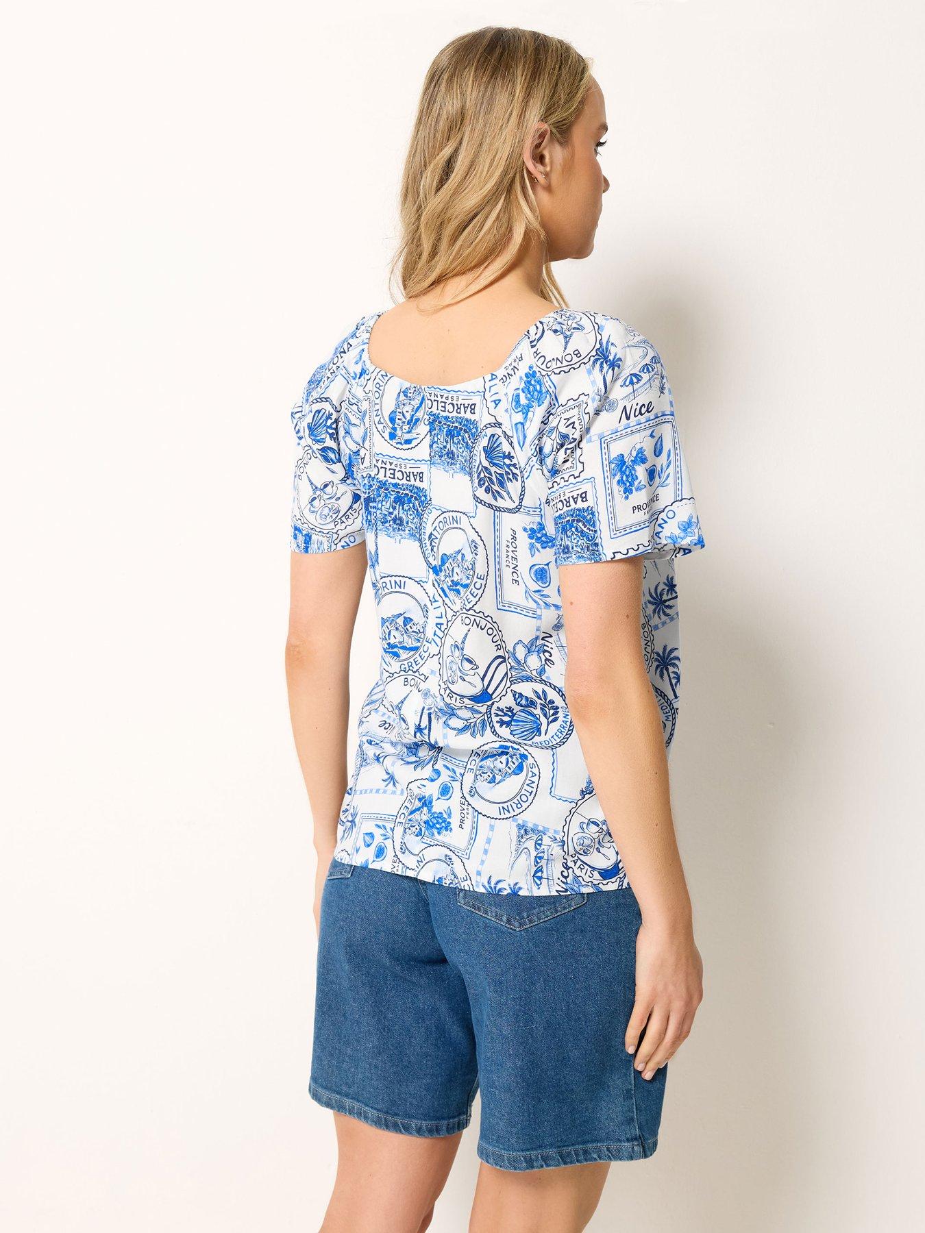 Image 2 of 3 of Long Tall Sally Postcard Print Square Neck Blouse - Blue